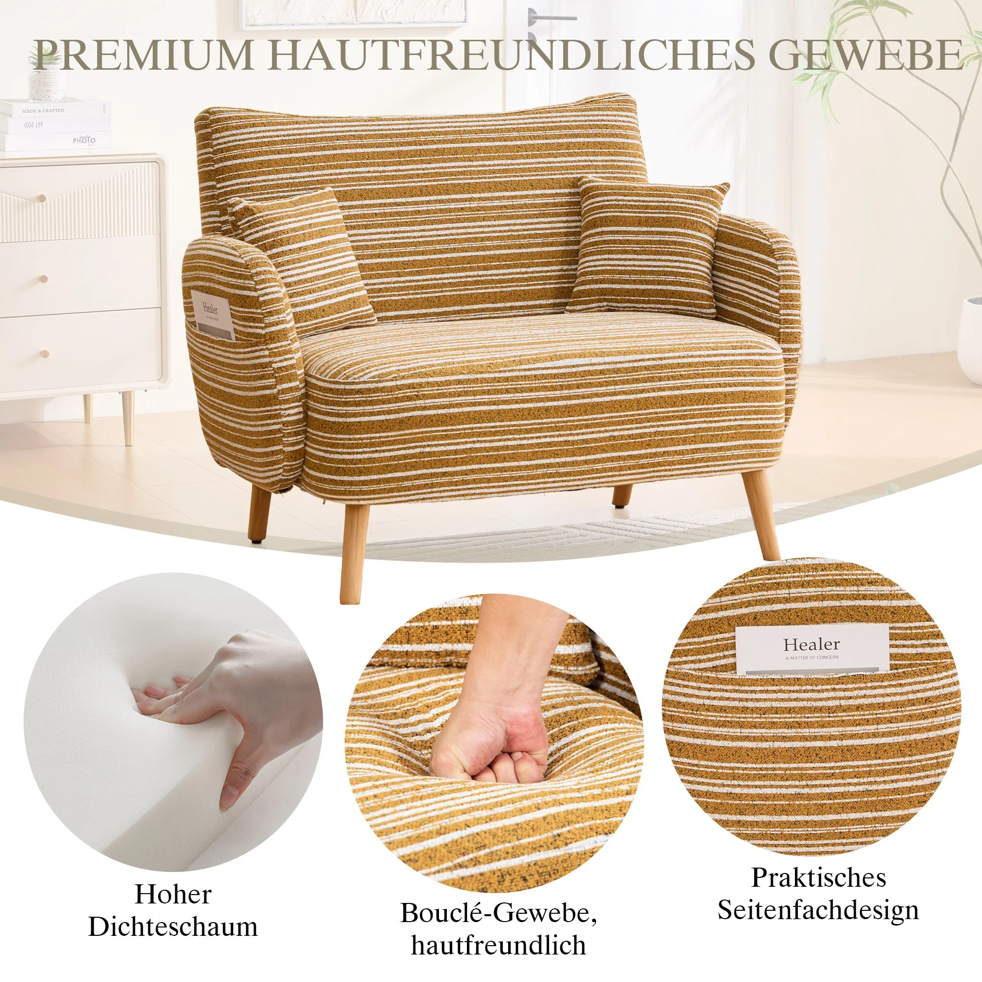 Modern Two-Seater Sofa with Armrest Cushions and Storage Bag, Loop Fabric - Image 2