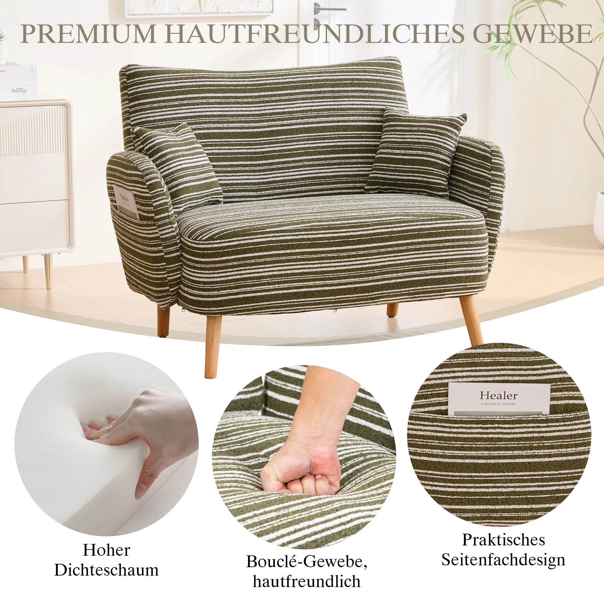 Modern Two-Seater Sofa with Comfortable Armrests and Storage Bag, Loop Fabric - Image 2