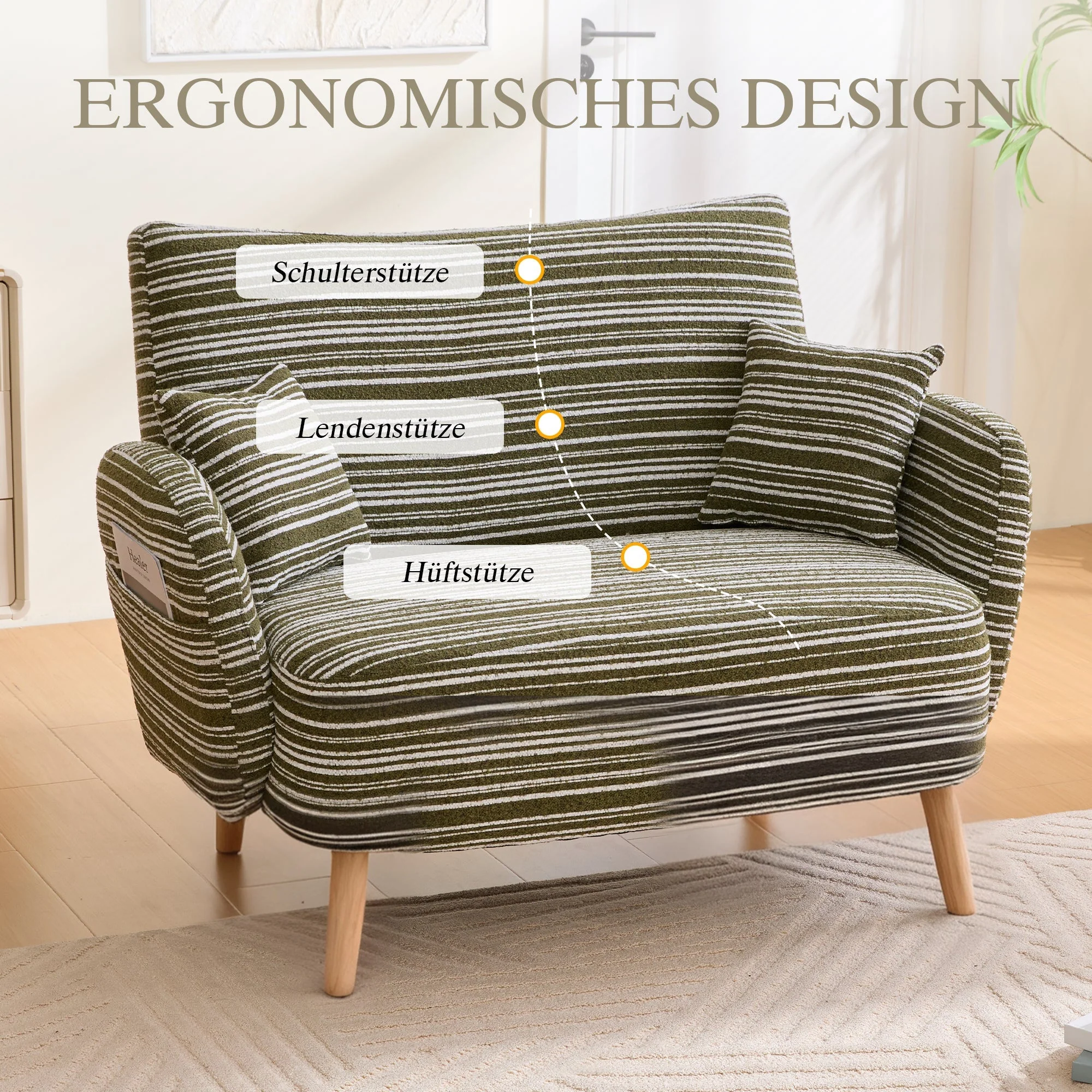 Modern Two-Seater Sofa with Comfortable Armrests and Storage Bag, Loop Fabric - Image 4