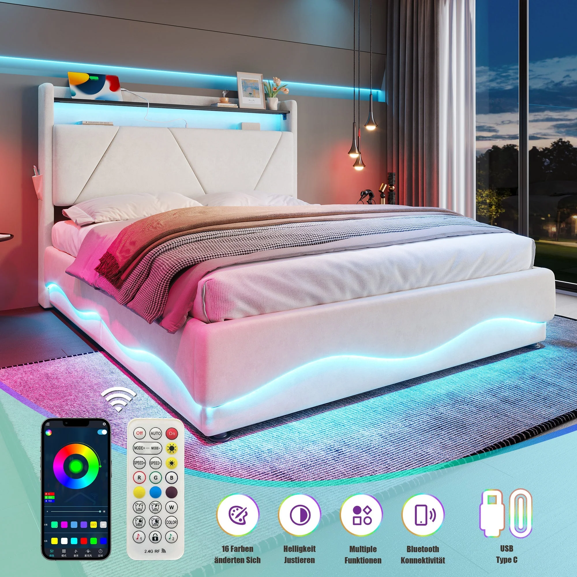 Modern Upholstered Bed 140x200cm, LED Headboard, Storage, USB Ports, Gas Spring Slatted Base - Image 4