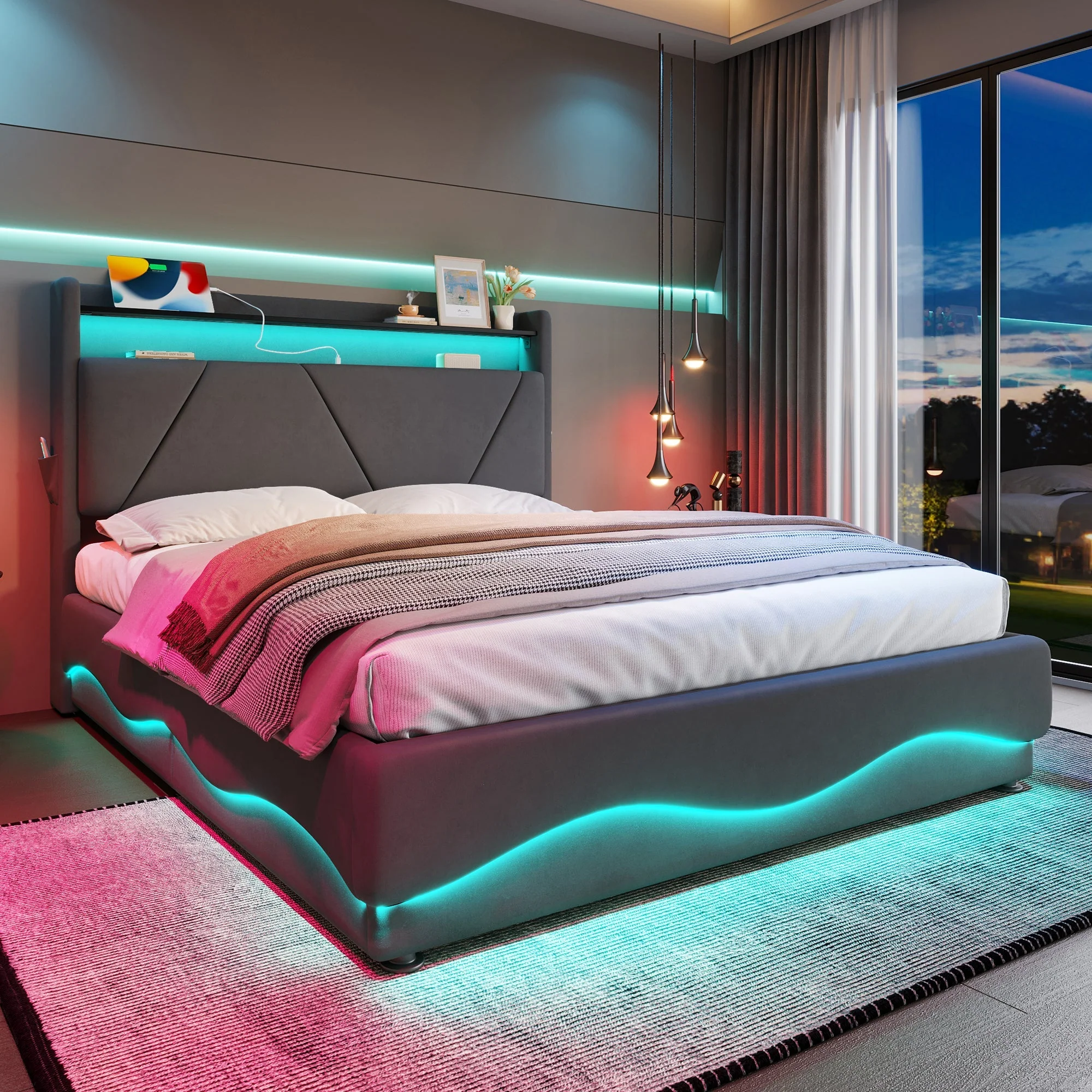 Modern Upholstered Bed 140x200cm LED Storage USB Ports Gas Spring Slatted Base Fabric - Image 6