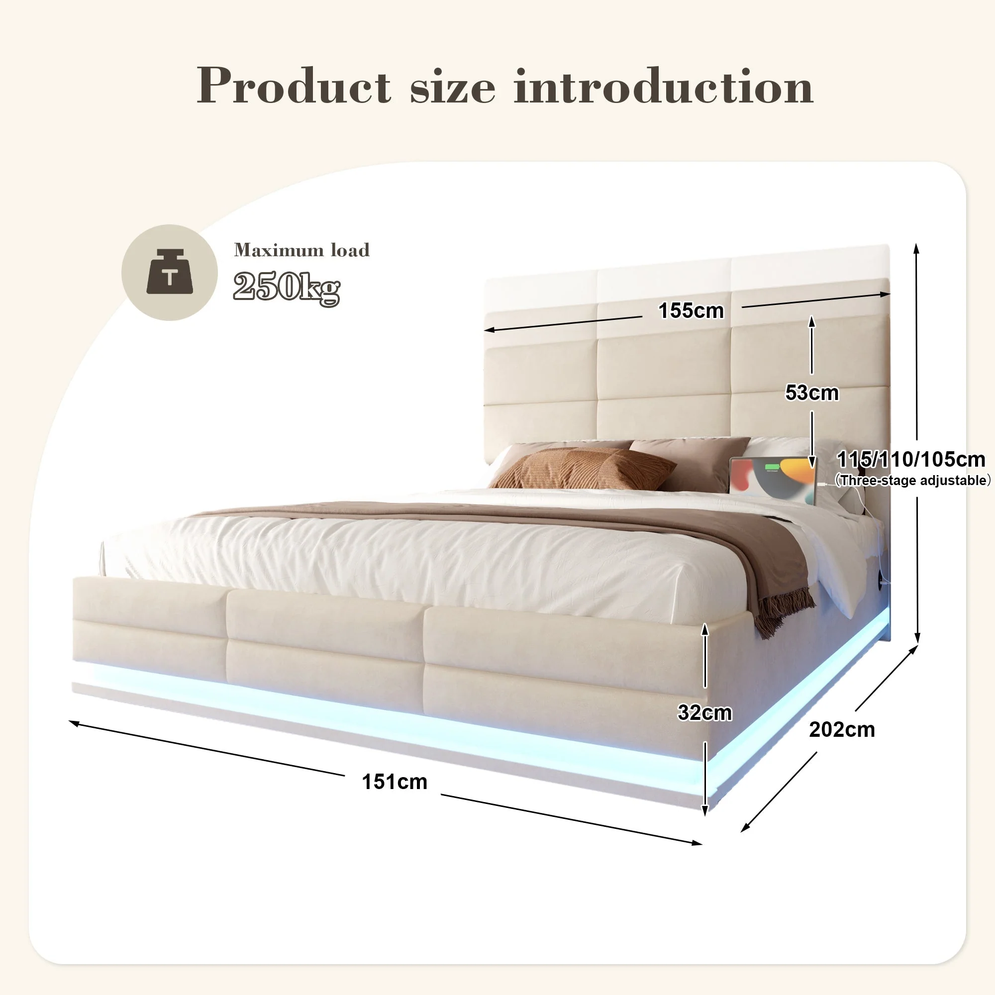 Modern Upholstered Bed 150x200cm, USB/LED, Hydraulic Storage, Beige Velvet - Image 2