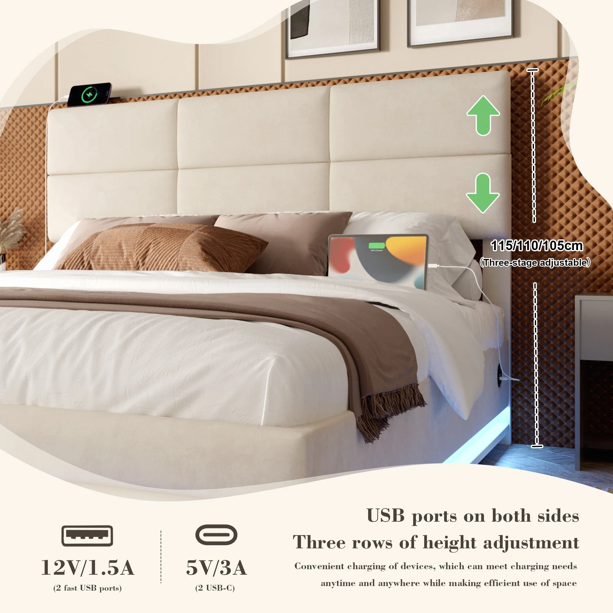 Modern Upholstered Bed 150x200cm, USB/LED, Hydraulic Storage, Beige Velvet - Image 7