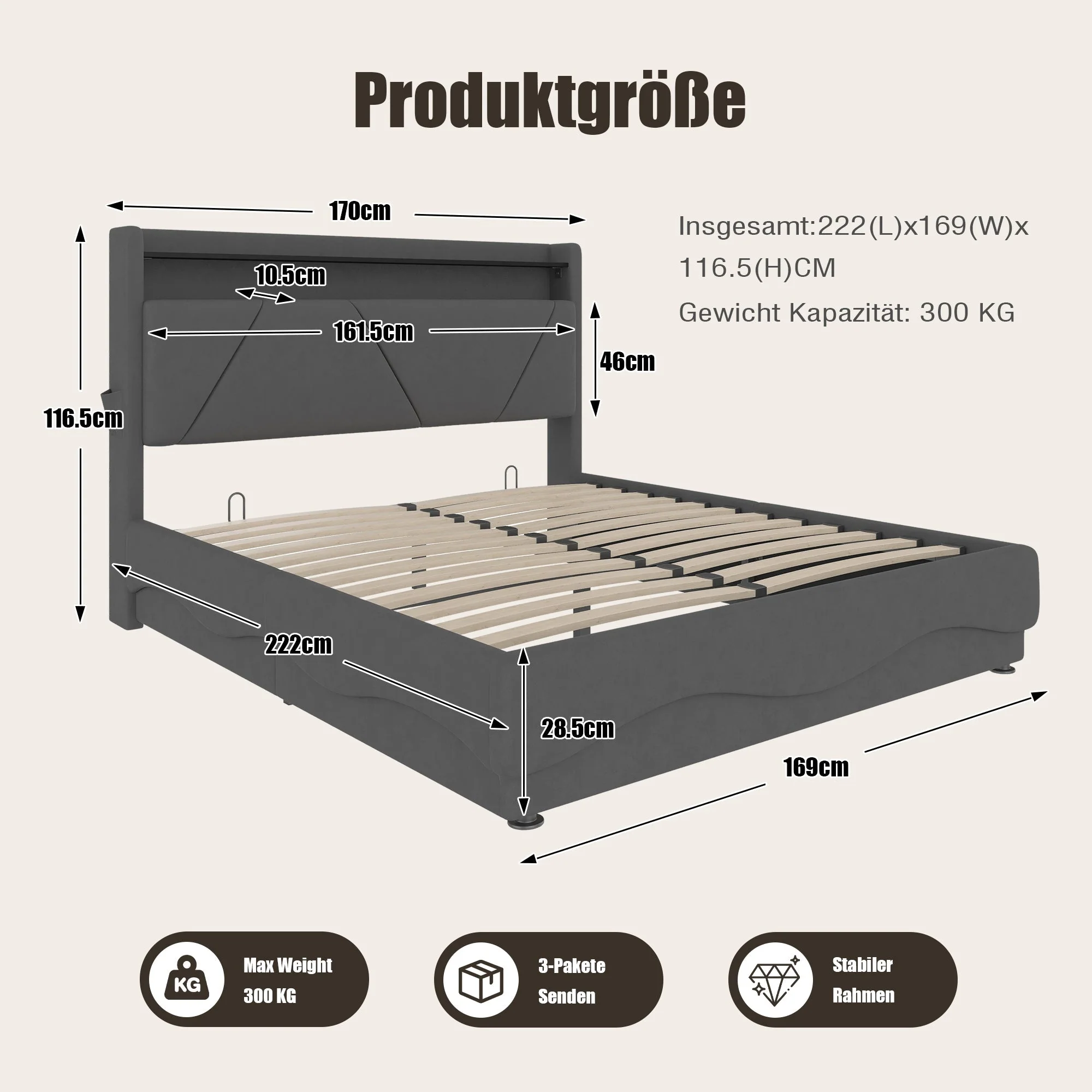 Modern Upholstered Bed, LED Headboard Storage USB Ports, 160 x 200 cm - Image 2