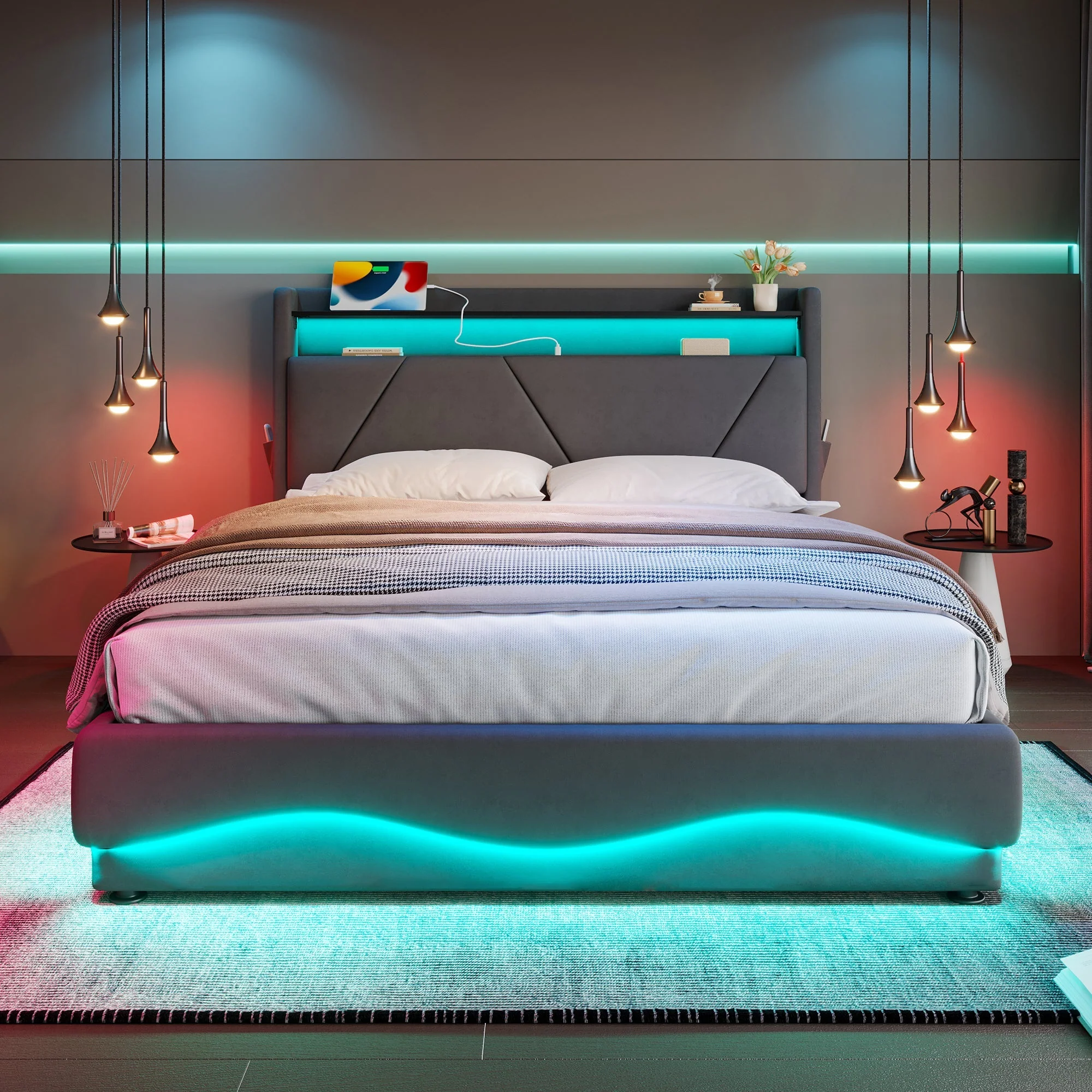 Modern Upholstered Bed, LED Headboard Storage USB Ports, 160 x 200 cm - Image 4