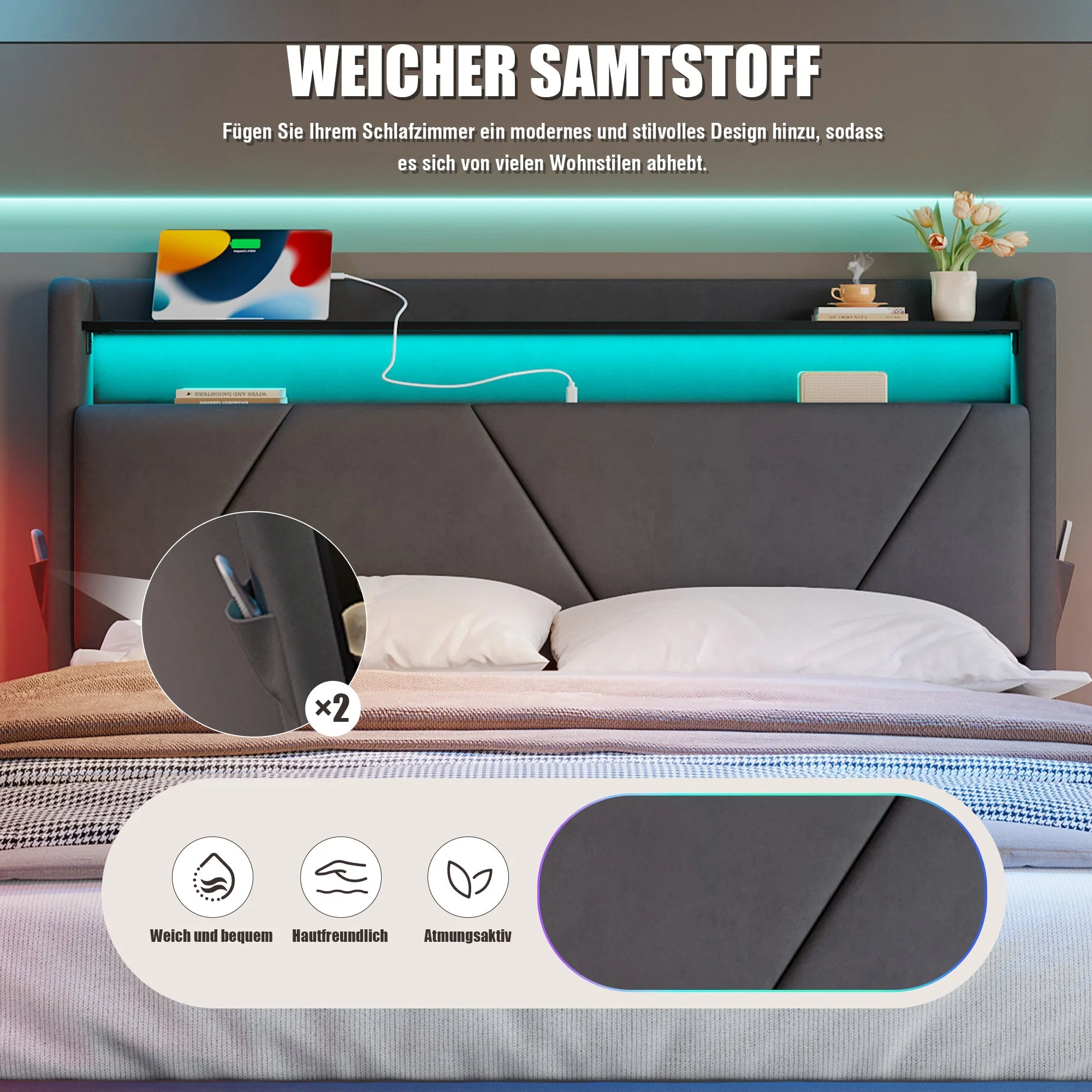 Modern Upholstered Bed, LED Headboard Storage USB Ports, 160 x 200 cm - Image 8