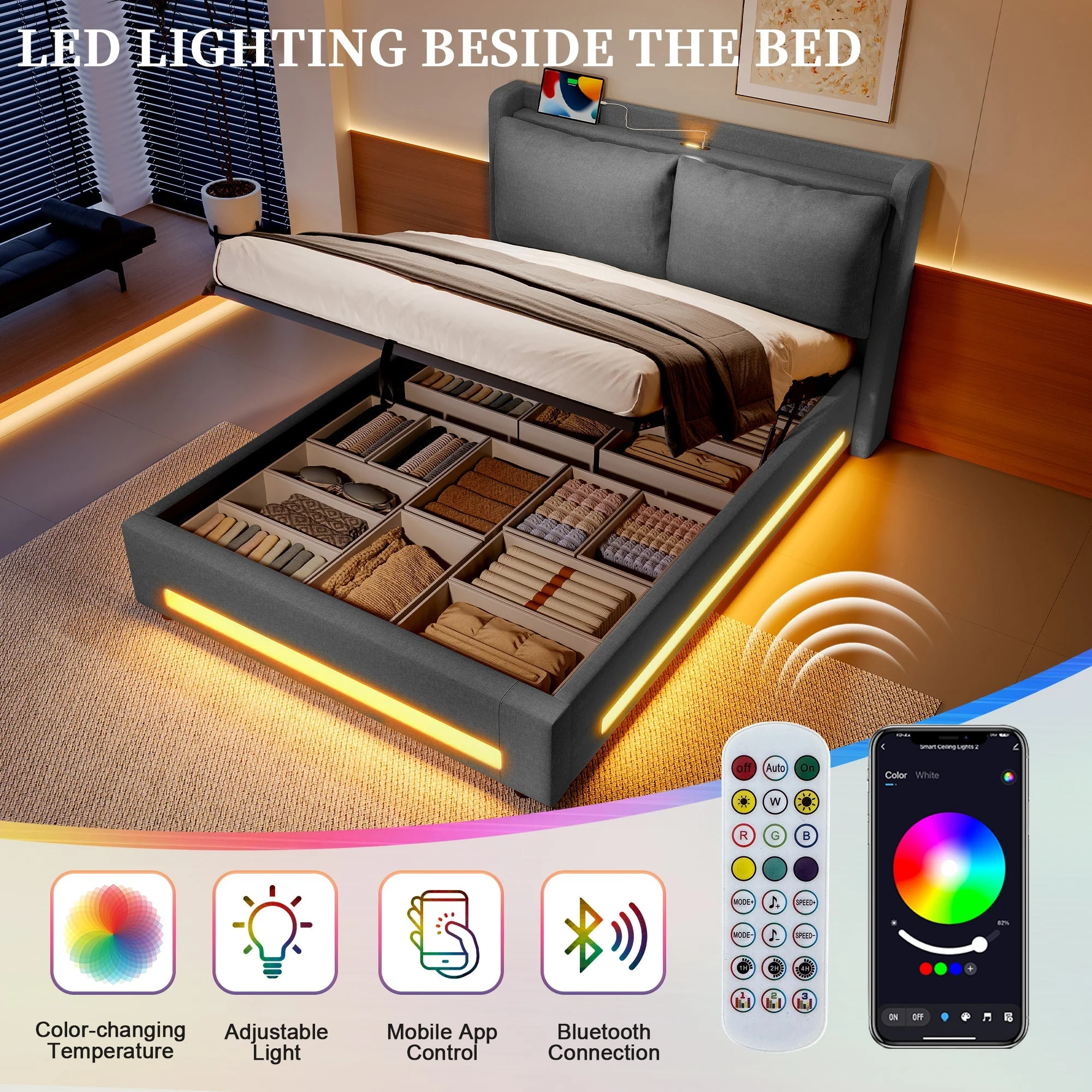 Modern Upholstered Bed, Storage Shelf, USB-C, LED Light, Hydraulic Lift, Velvet - Image 6