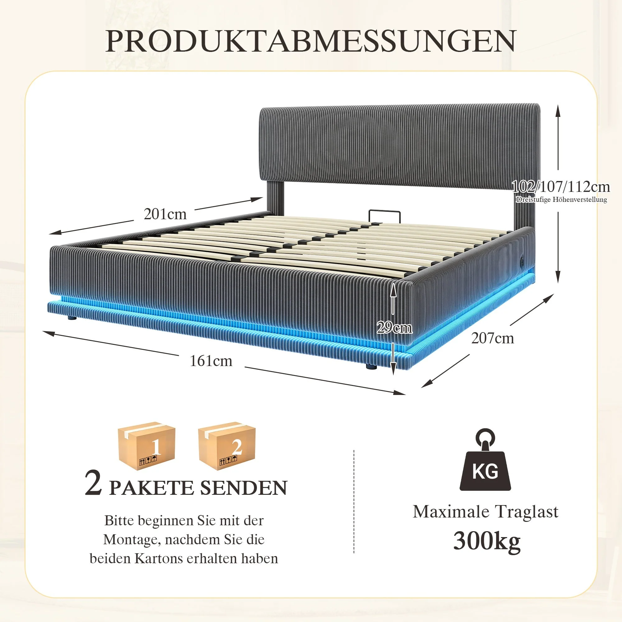 Modern Upholstered Bed with LED Lighting, USB-C and Storage, 160x200 Gray Corduroy - Image 2