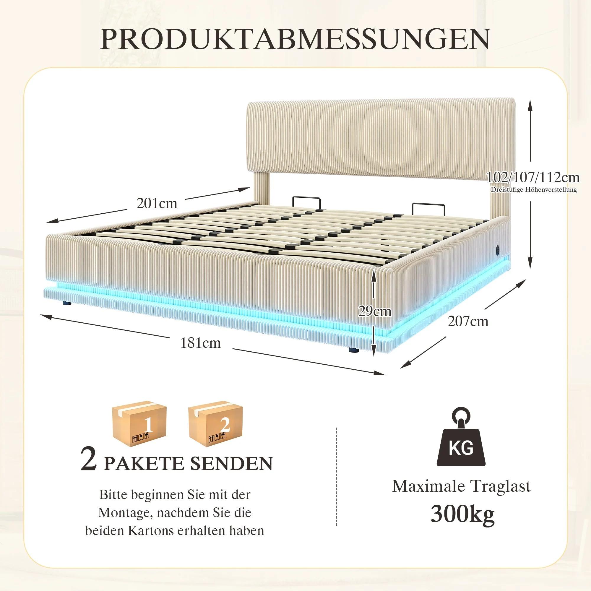 Modern Upholstered Bed with LED Lighting, USB-C and Storage, 180x200 Beige Corduroy - Image 2