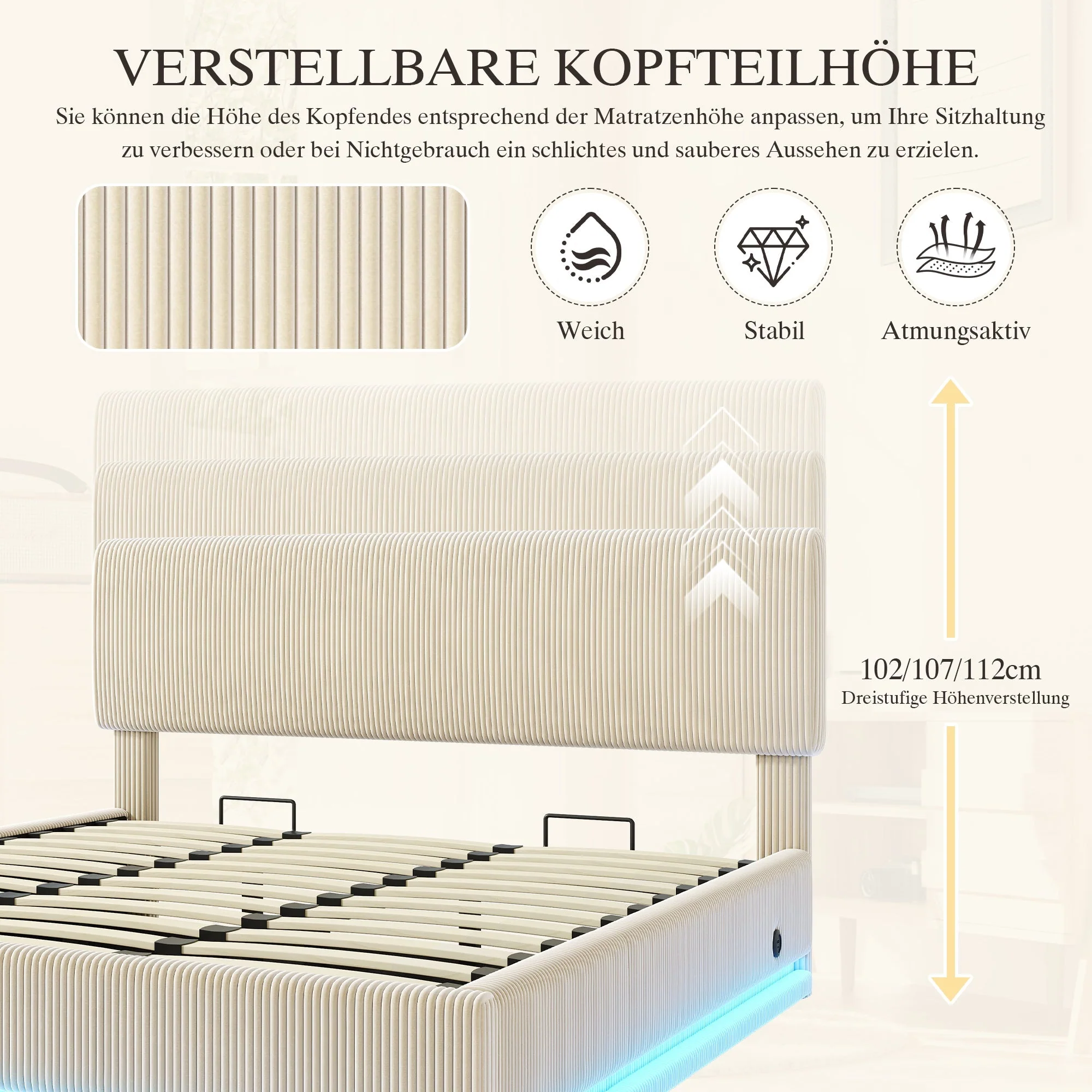 Modern Upholstered Bed with LED Lighting, USB-C and Storage, 180x200 Beige Corduroy - Image 8
