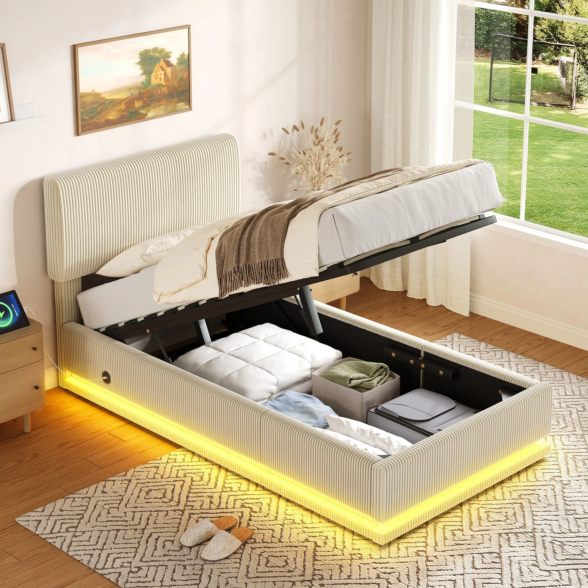 Modern Upholstered Bed with LED Lighting, USB-C and Storage, 90*200 Beige Corduroy