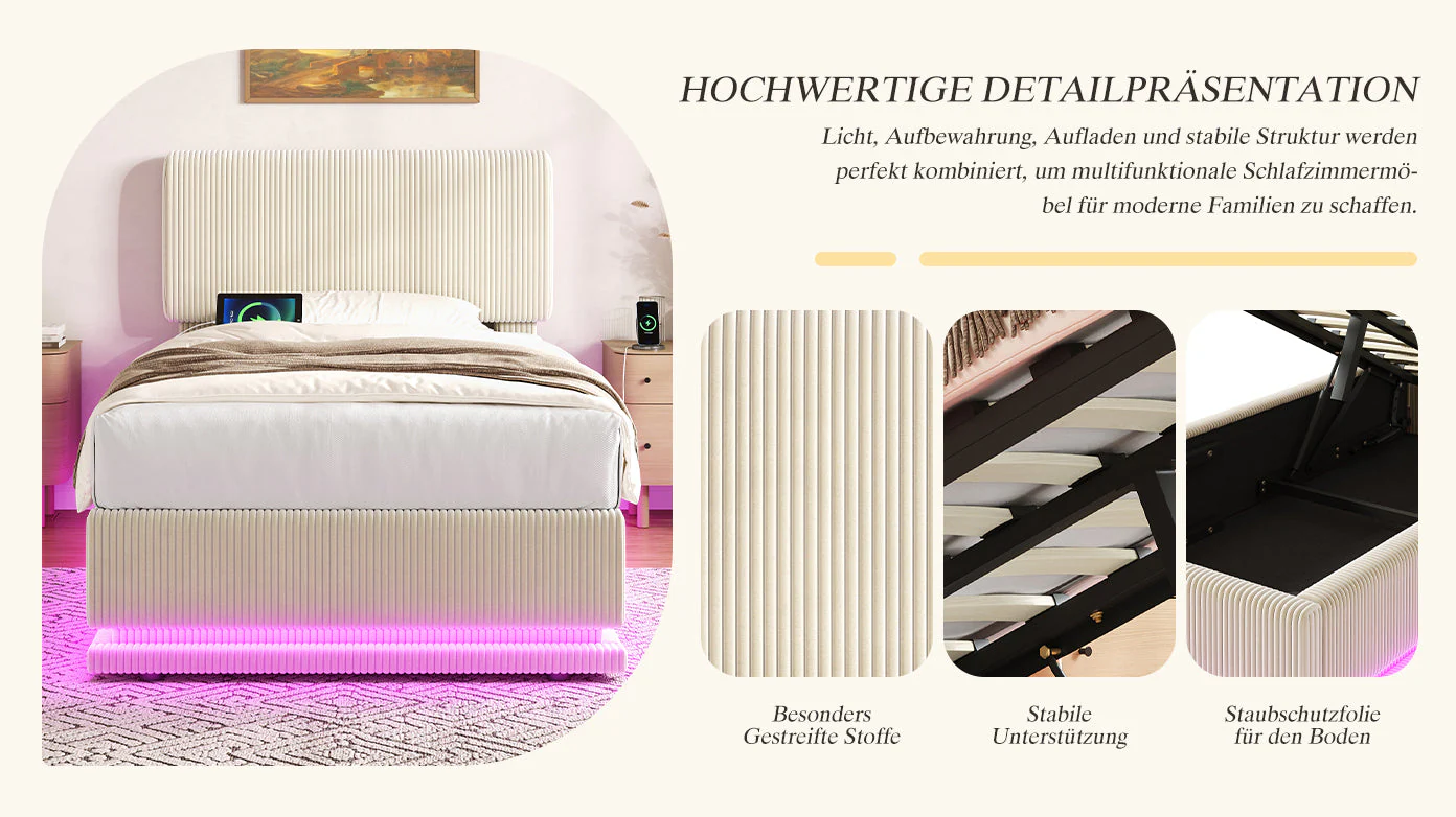 Modern Upholstered Bed with LED Lighting, USB-C and Storage, 90*200 Beige Corduroy - Image 10