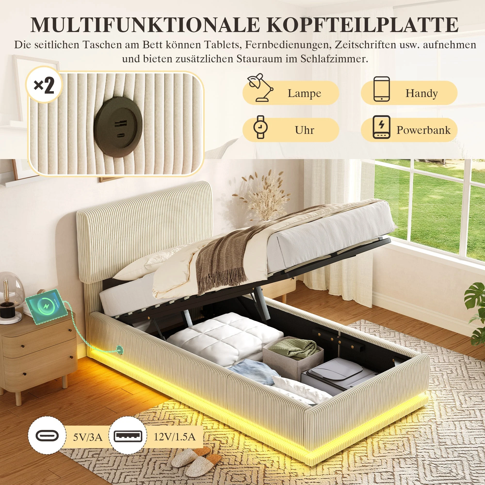 Modern Upholstered Bed with LED Lighting, USB-C and Storage, 90*200 Beige Corduroy - Image 7