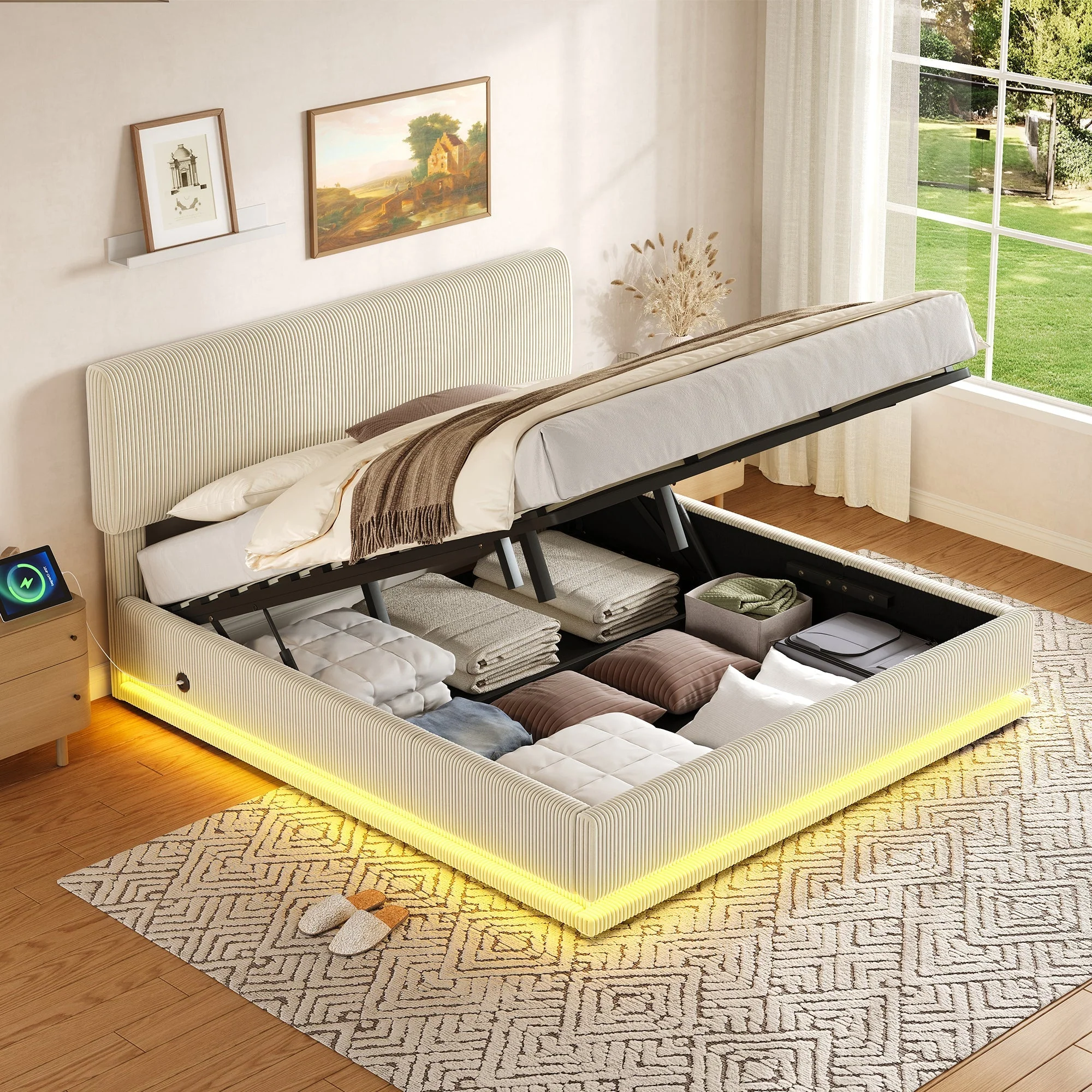 Modern Upholstered Bed with LED, USB-C Charging and Storage, 160x200, Beige Corduroy - Image 3