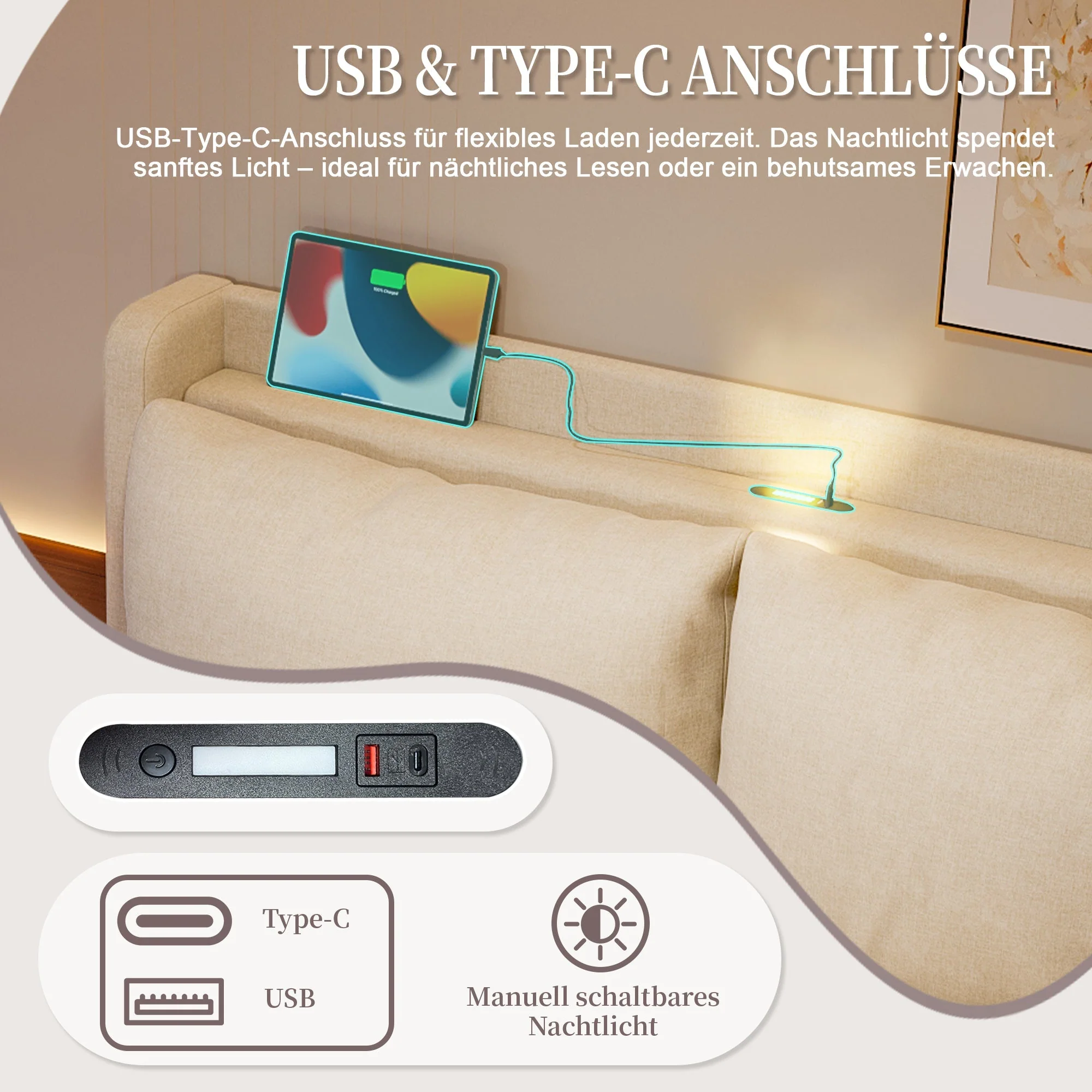 Modern Upholstered Bed with Storage, LED Light, USB-C Ports - 140x200cm - Image 9
