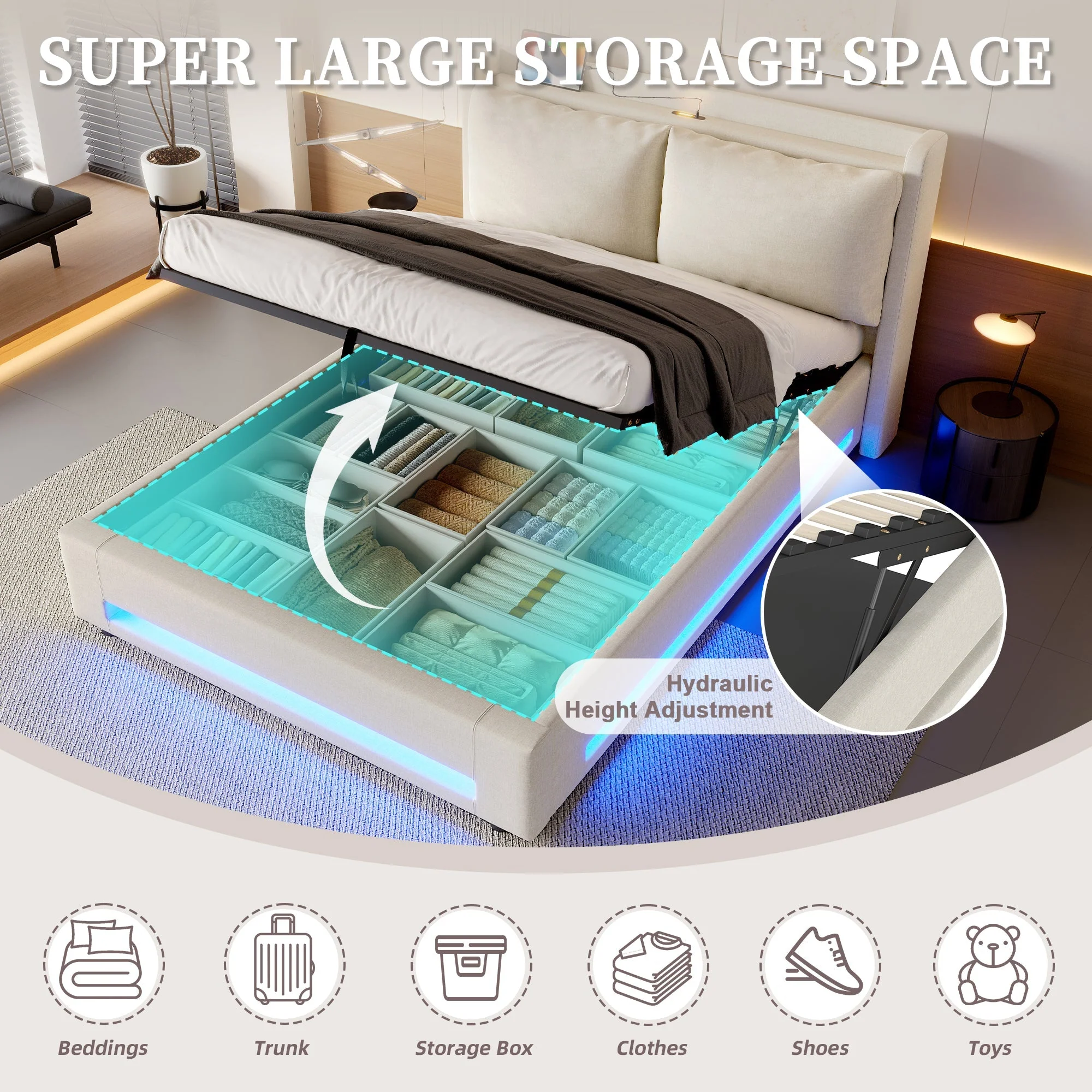 Modern Upholstered Bed with Storage, USB-C, LED, Hydraulic Lift, Velvet - Image 4
