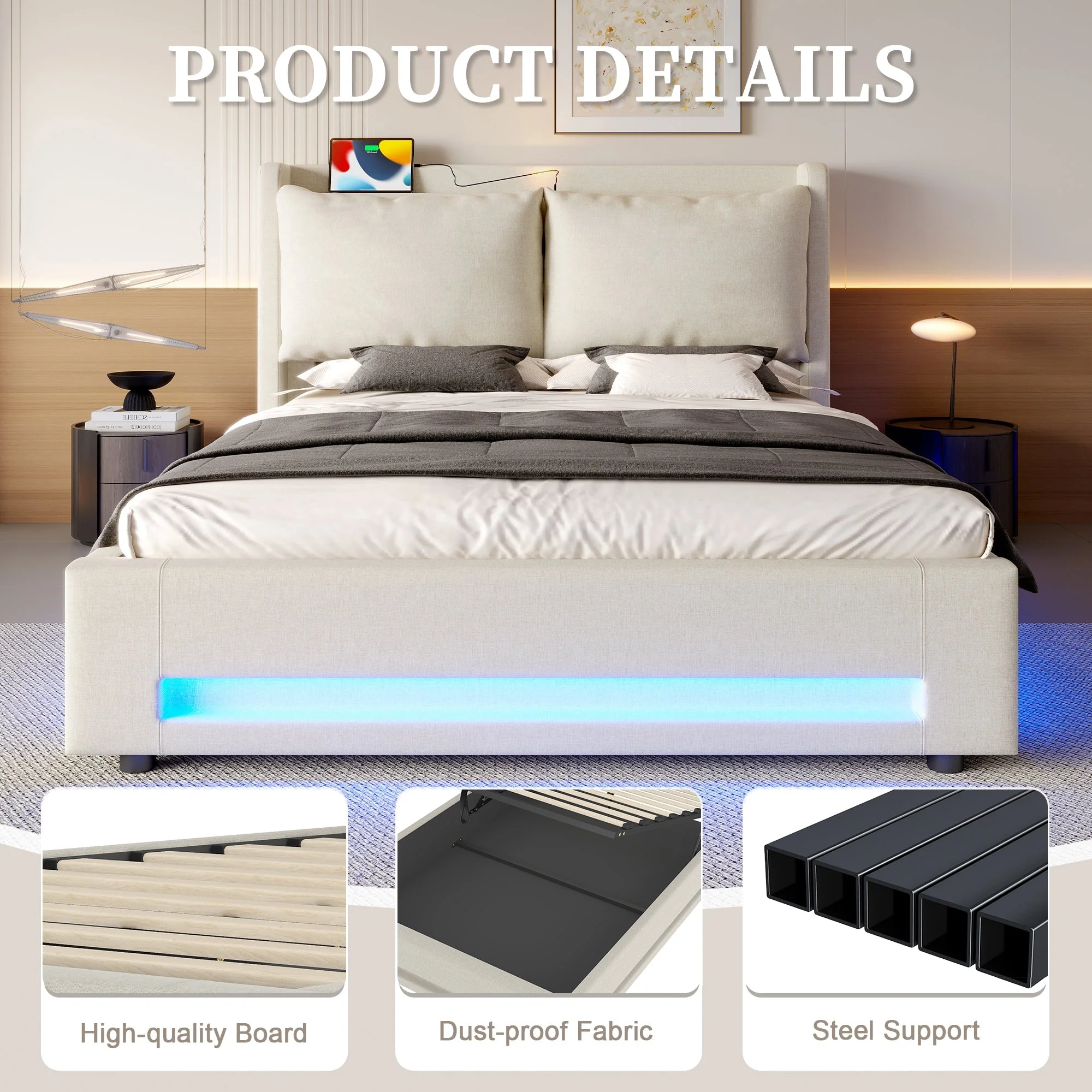 Modern Upholstered Bed with Storage, USB-C, LED Lighting, 150x200 cm, Velvet - Image 5