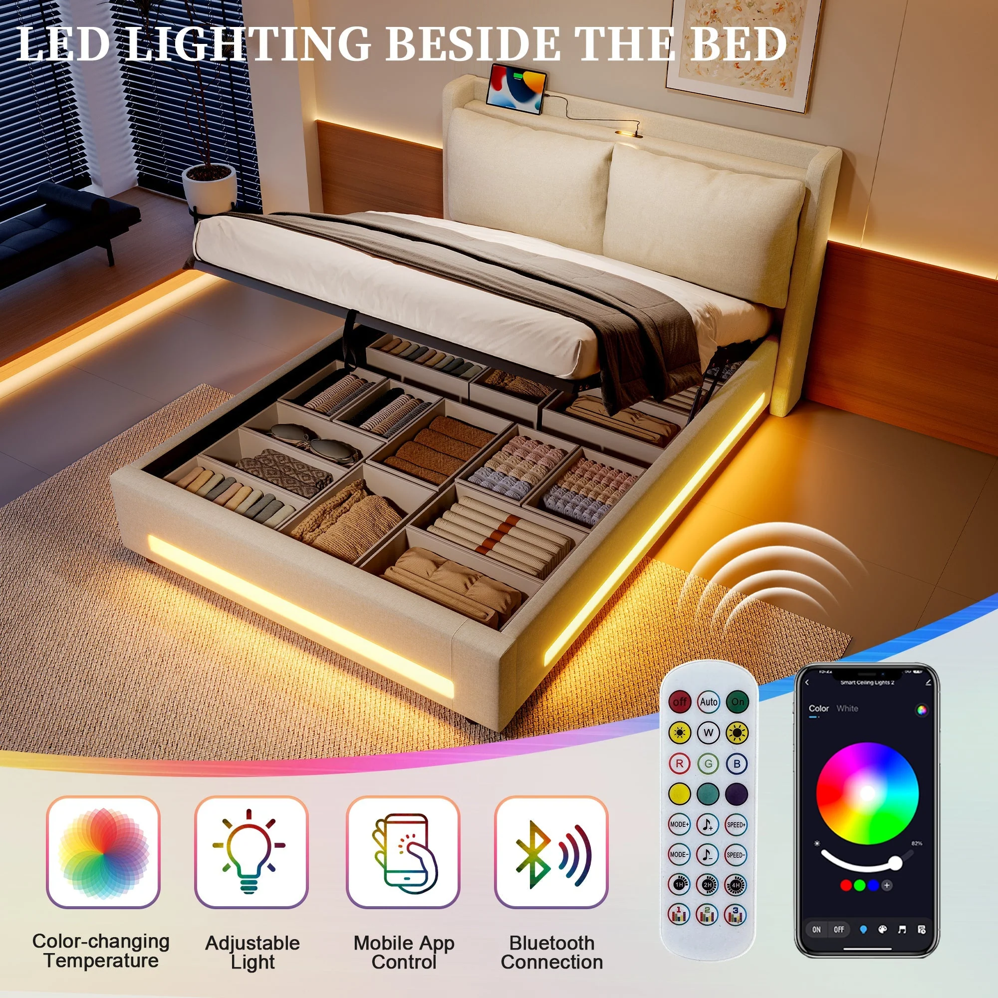 Modern Upholstered Bed with Storage, USB-C, LED Lights, 180x200 cm, Velvet - Image 6