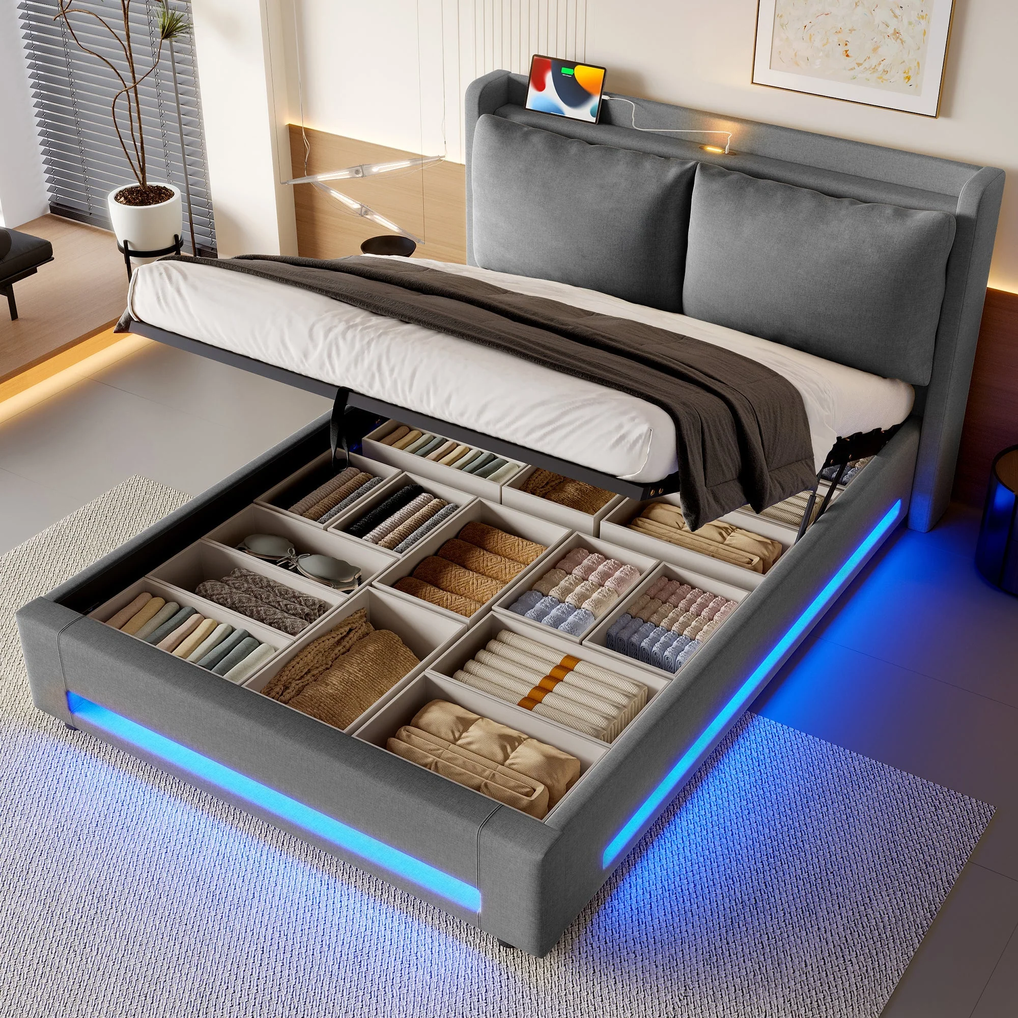 Modern Upholstered Bed with Storage, USB-C, LED Lights, Hydraulic Lift, Velvet - Image 7