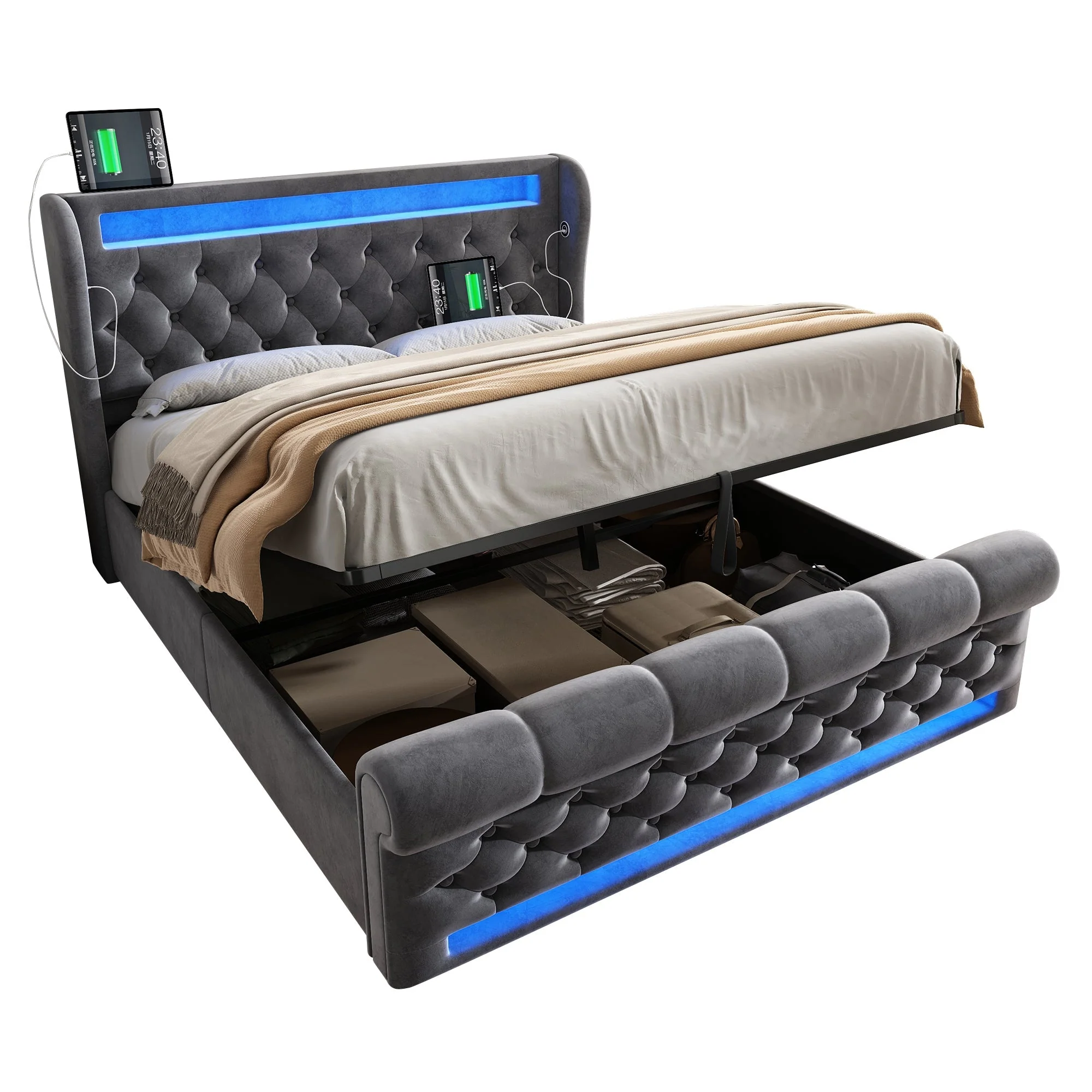 Modern Upholstered Double Bed with LED, Storage Headboard and USB, 140x190cm, Grey Velvet - Image 7