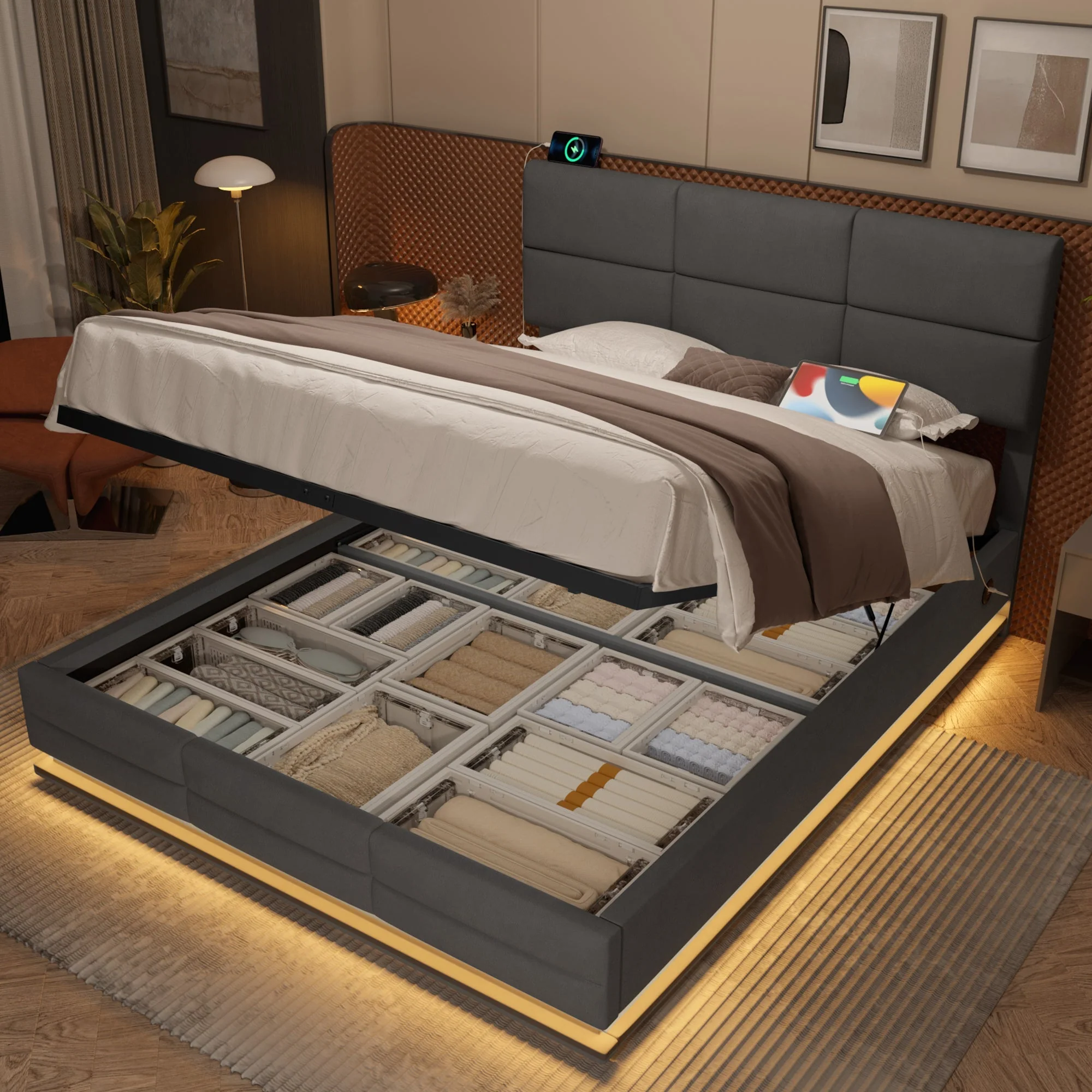 Modern Velvet Upholstered Bed, 150x200 cm, LED, USB Ports, Hydraulic Lift, Gray - Image 3