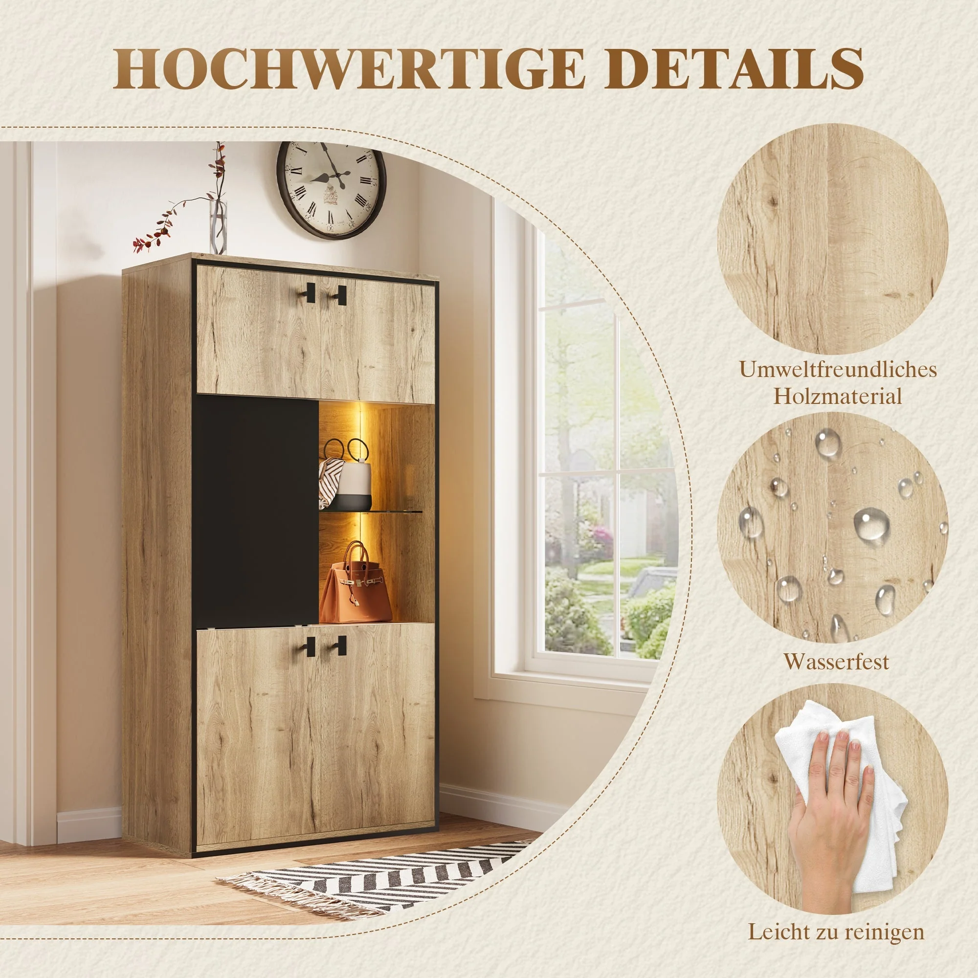 Modern Wardrobe Combination with LED Lighting and Sliding Doors, Wood Look and Black - Image 7