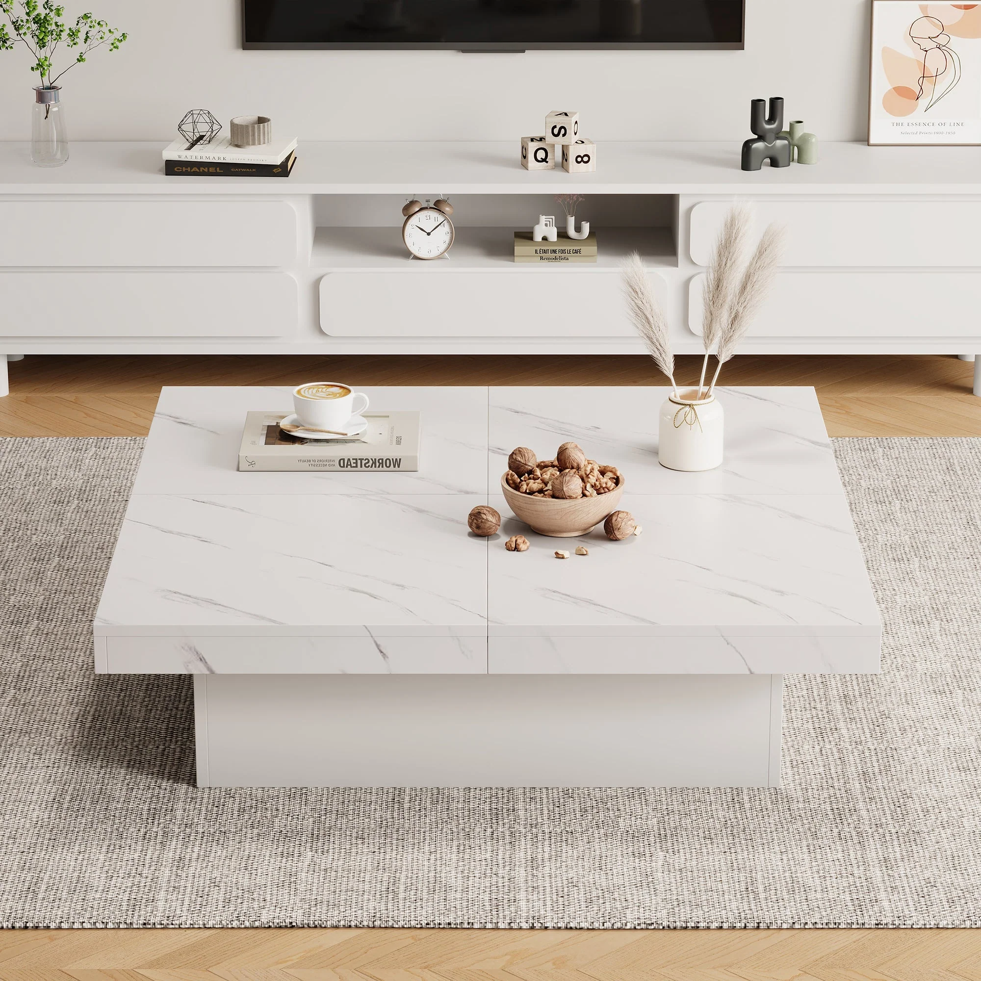 Modern white square coffee table, 90 x 90 x 25 cm with four drawers, sliding tabletop, 30 kg load capacity, marble look - Image 4