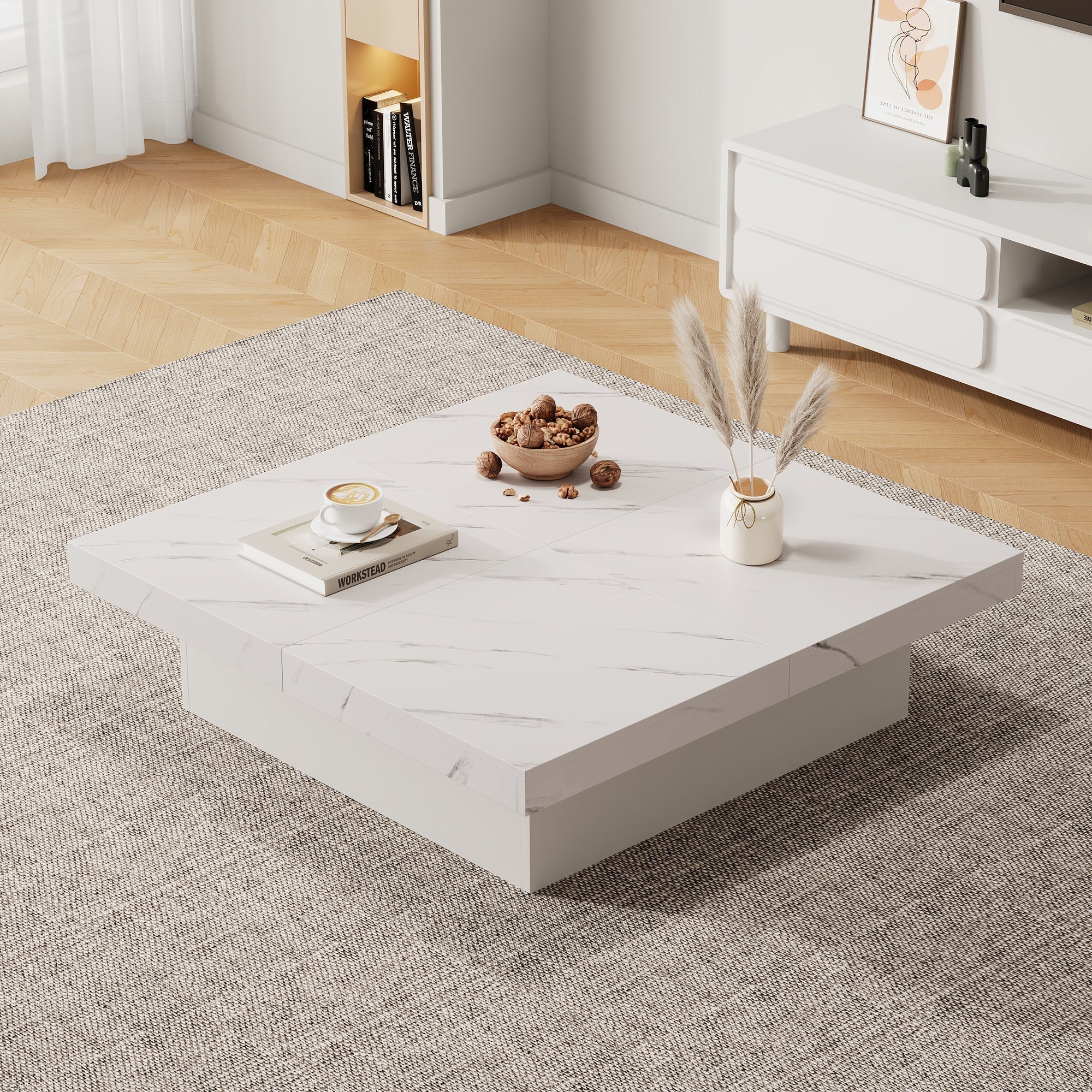Modern white square coffee table, 90 x 90 x 25 cm with four drawers, sliding tabletop, 30 kg load capacity, marble look - Image 5