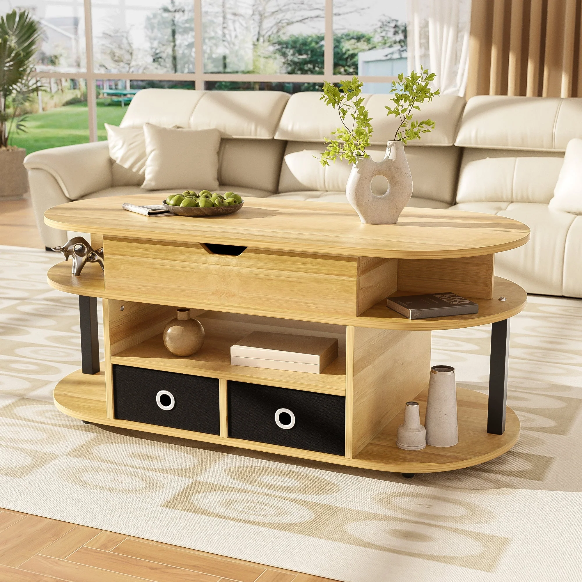 Modern Wood Grain Coffee Table with Lifting Function, Storage, and Black Fabric Drawers - Image 2