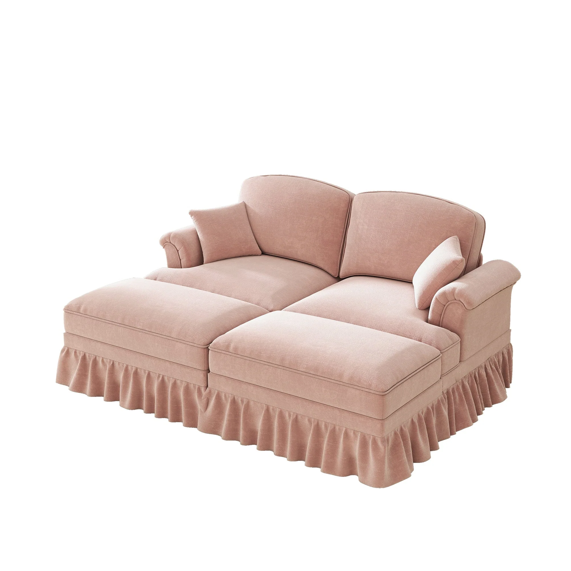 Modular 2-Seater Chenille Sofa with Funnel Armrests, Ruffled Apron & Ottoman Pink - Image 10