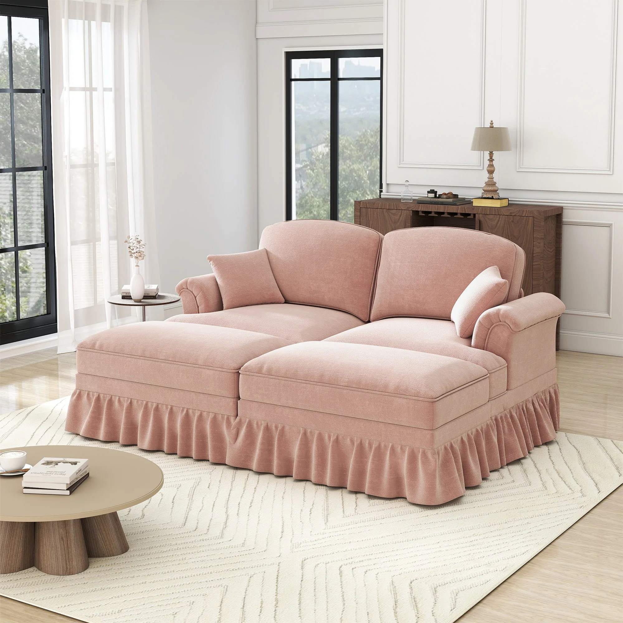Modular 2-Seater Chenille Sofa with Funnel Armrests, Ruffled Apron & Ottoman Pink - Image 2