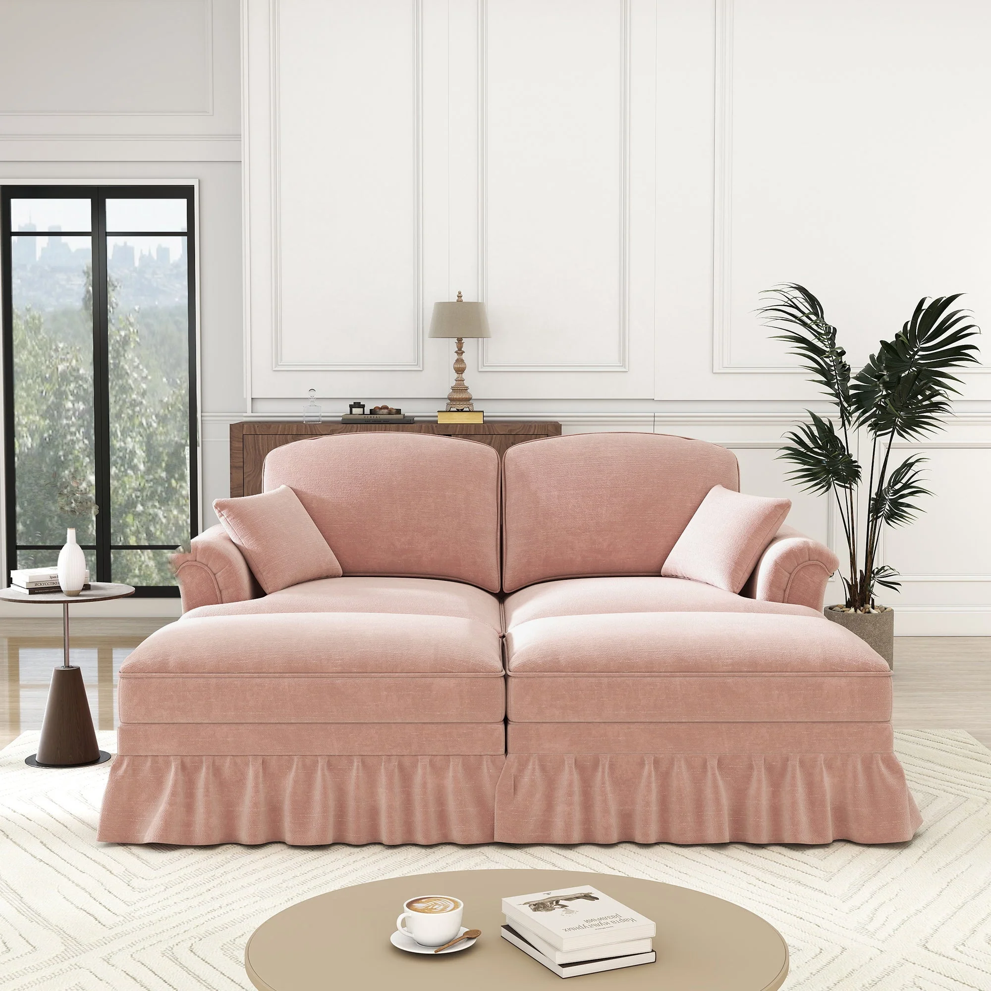 Modular 2-Seater Chenille Sofa with Funnel Armrests, Ruffled Apron & Ottoman Pink - Image 4