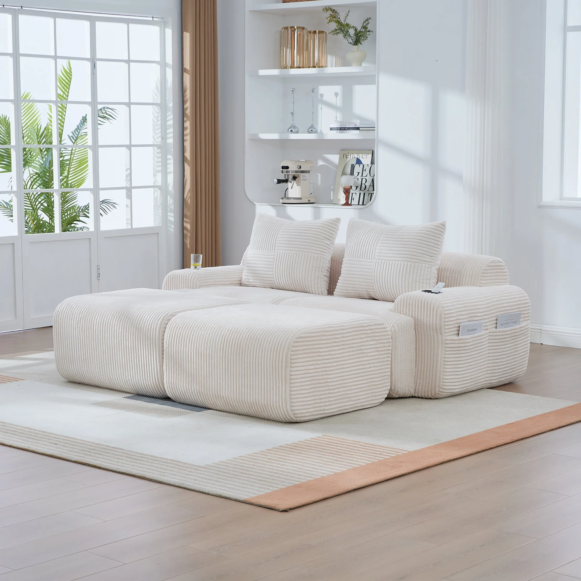 Modular 2-Seater Corduroy Sofa with Ottomans and Cup Holders, Beige - Image 10