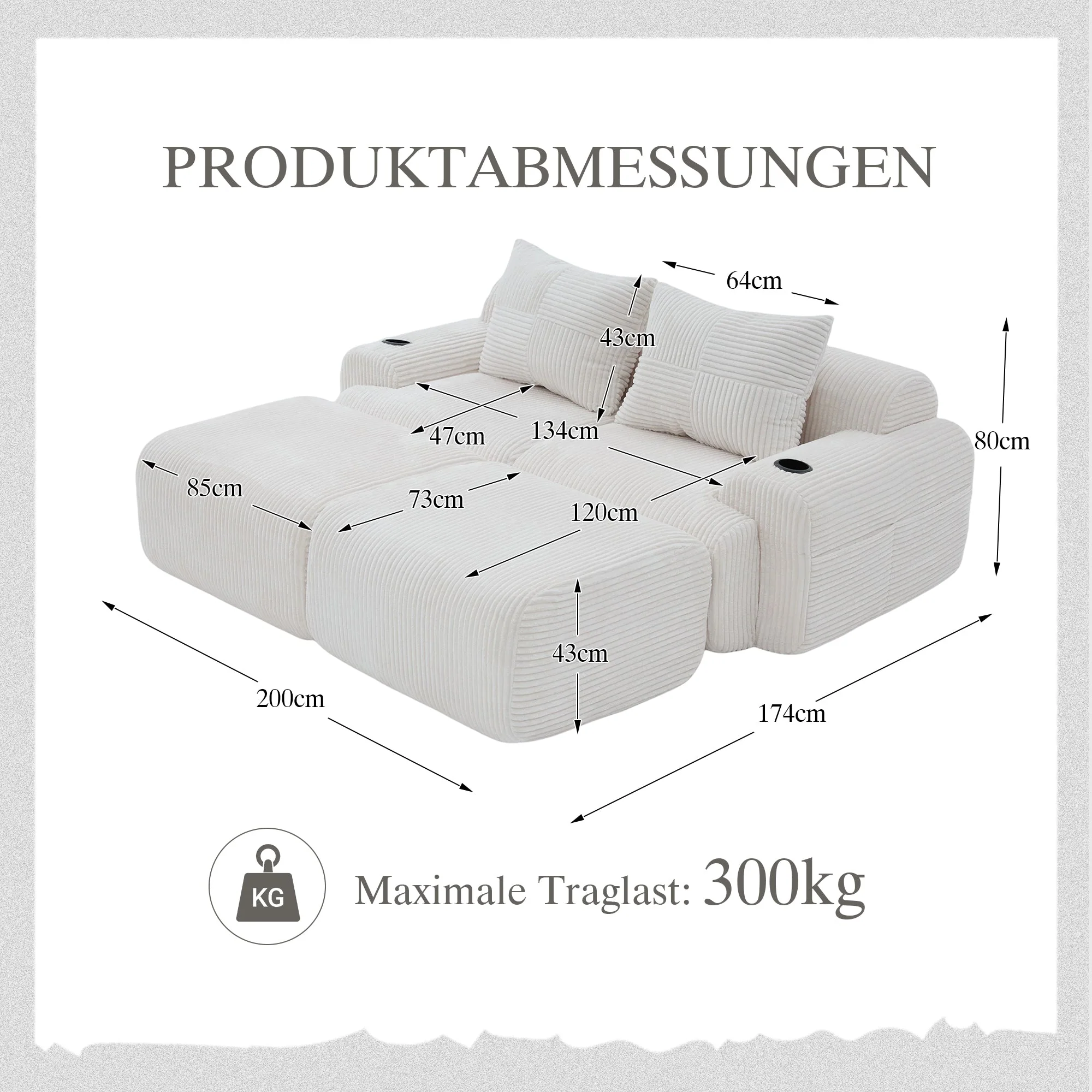 Modular 2-Seater Corduroy Sofa with Ottomans and Cup Holders, Beige - Image 2