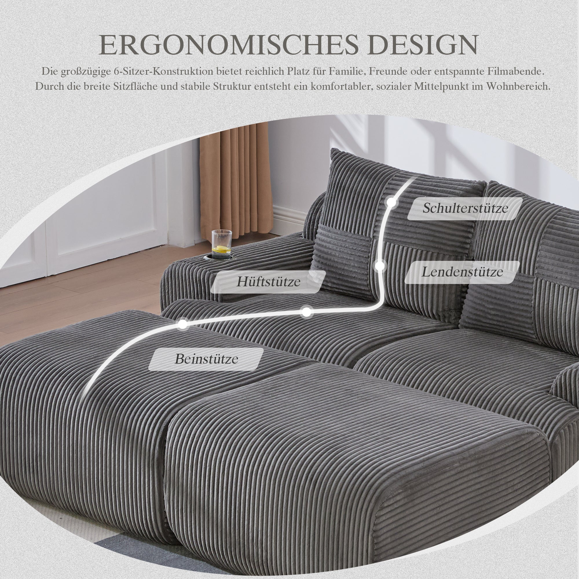 Modular 2-Seater Corduroy Sofa with Ottomans, Cup Holders and Storage Pocket, Dark Grey - Image 3