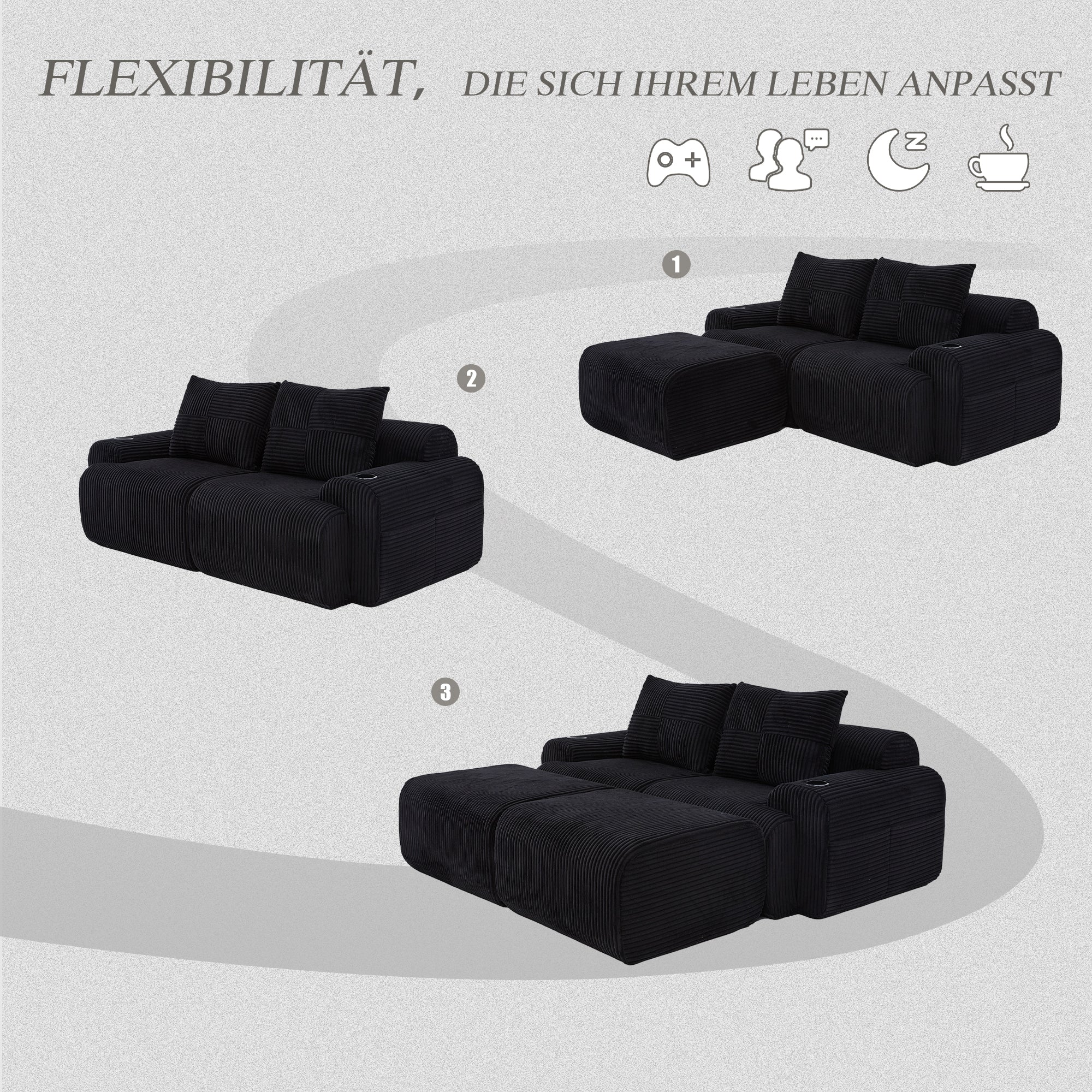 Modular 2-Seater Sofa with 2 Ottomans, Cupholder and Storage Pocket, Black Corduroy - Image 4