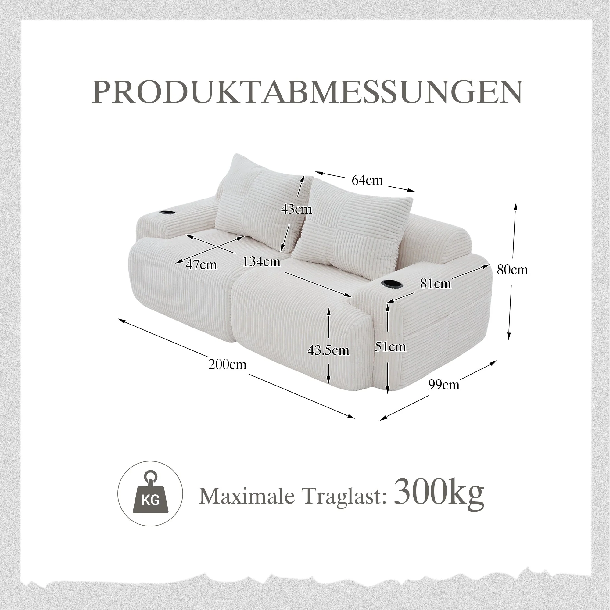 Modular 2-Seater Sofa with Cup Holder and Side Storage Pocket, Beige Corduroy - Image 2
