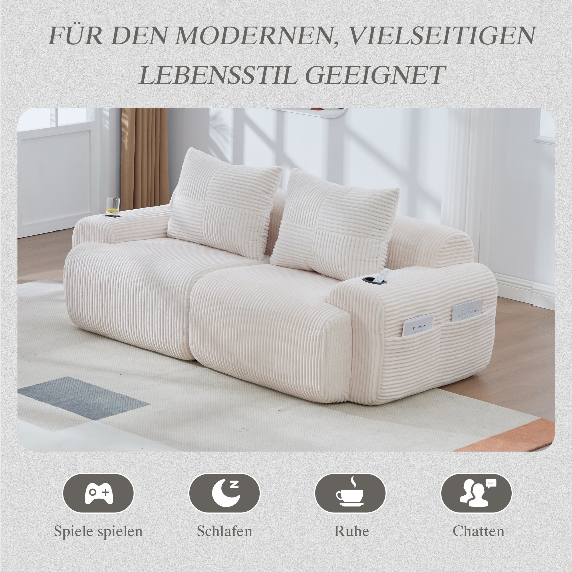 Modular 2-Seater Sofa with Cup Holder and Side Storage Pocket, Beige Corduroy - Image 4