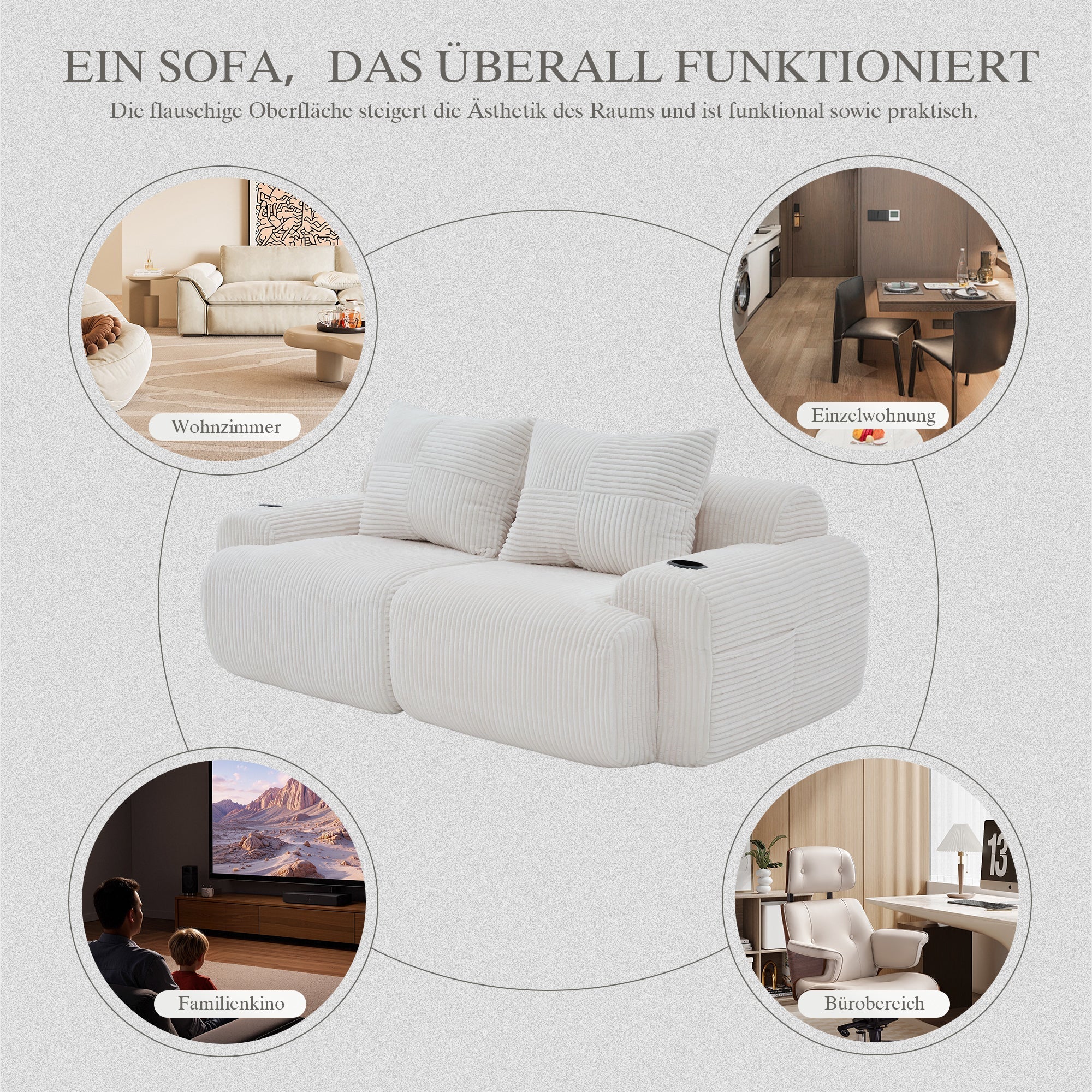 Modular 2-Seater Sofa with Cup Holder and Side Storage Pocket, Beige Corduroy - Image 7