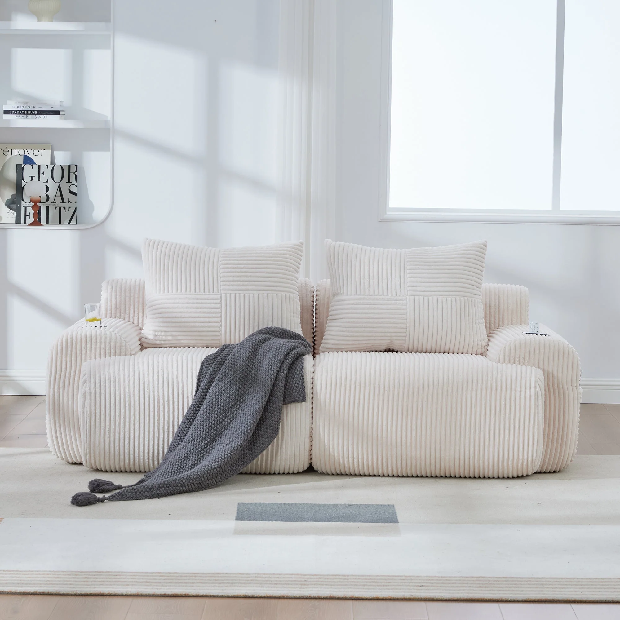 Modular 2-Seater Sofa with Cup Holder and Side Storage Pocket, Beige Corduroy - Image 9