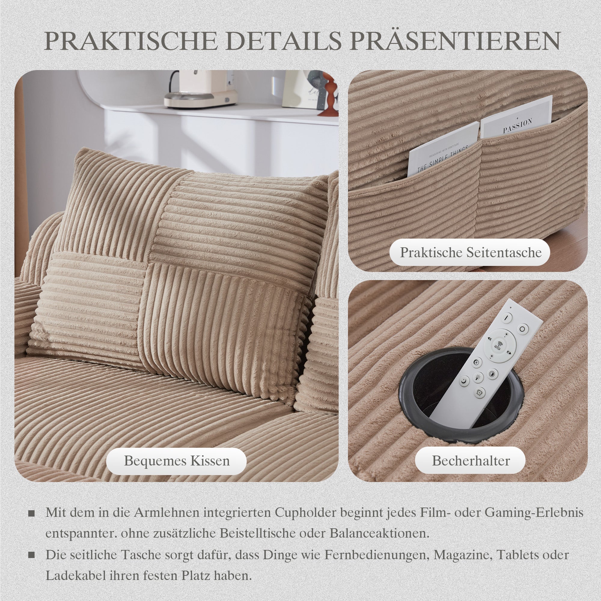 Modular 2-Seater Sofa with Cup Holder and Storage Pocket, Khaki Corduroy - Image 6