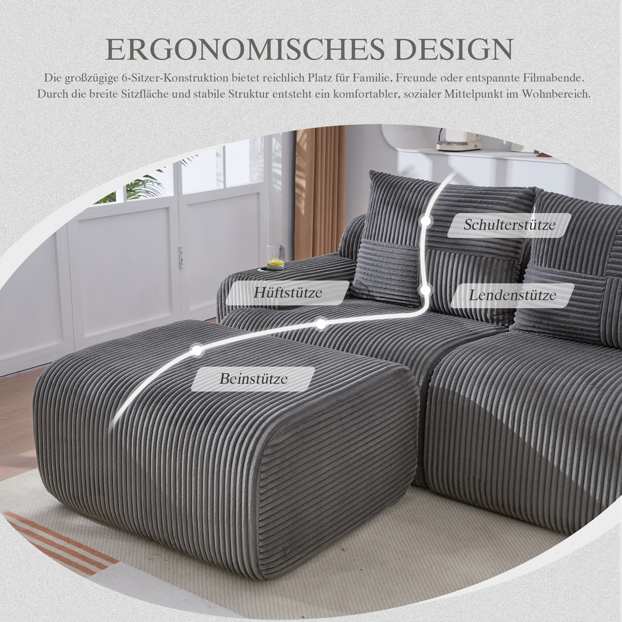 Modular 2-Seater Sofa with Ottomans, Cup Holder and Side Pocket, Dark Grey Corduroy - Image 3