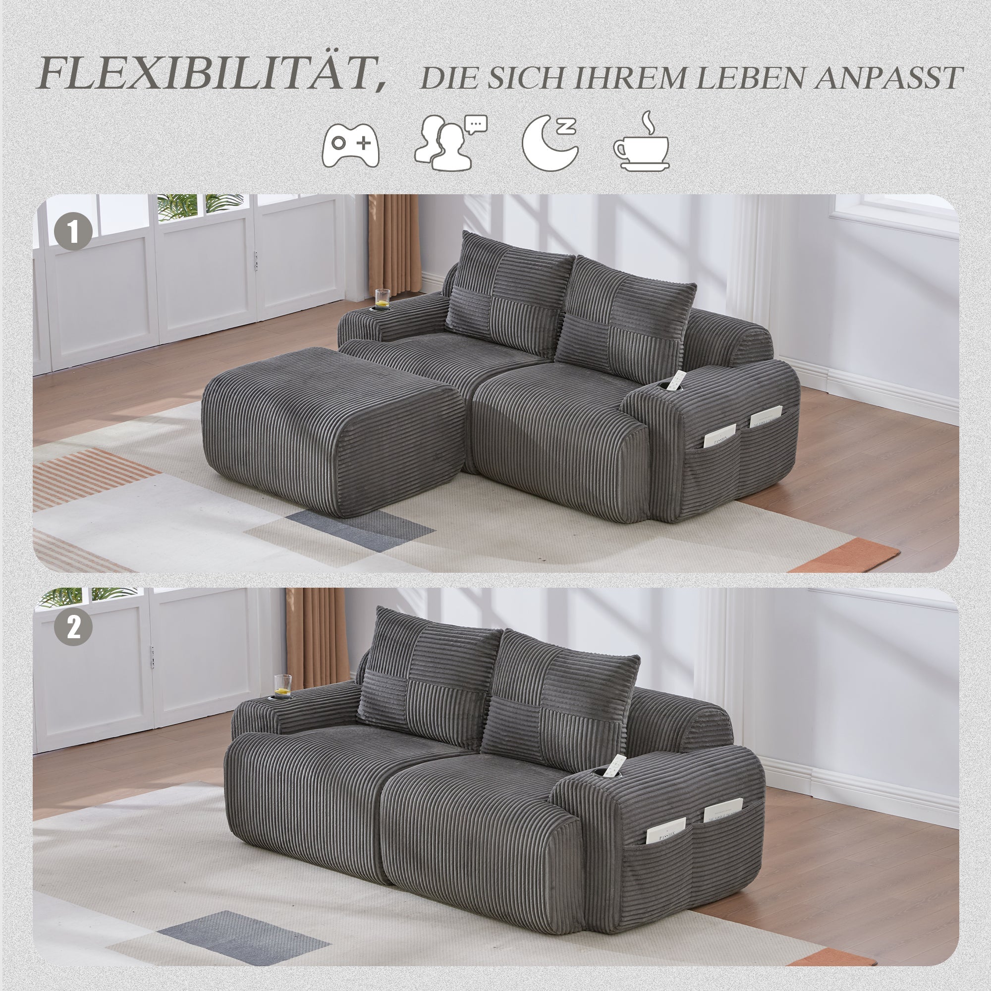Modular 2-Seater Sofa with Ottomans, Cup Holder and Side Pocket, Dark Grey Corduroy - Image 4