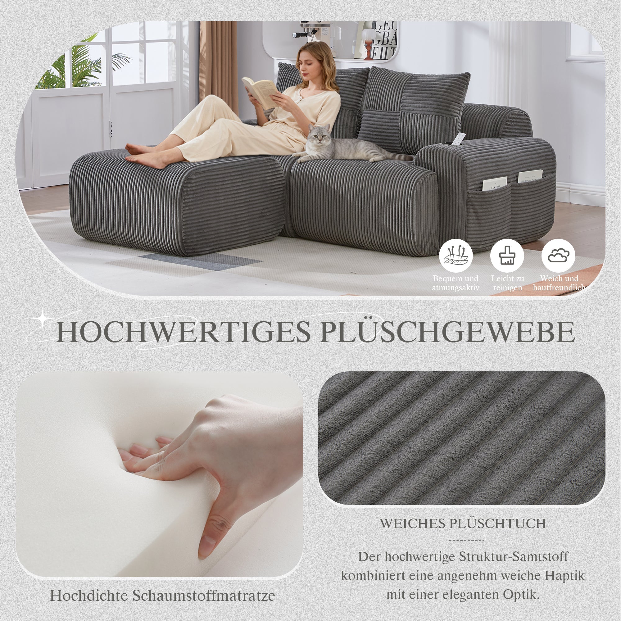 Modular 2-Seater Sofa with Ottomans, Cup Holder and Side Pocket, Dark Grey Corduroy - Image 5