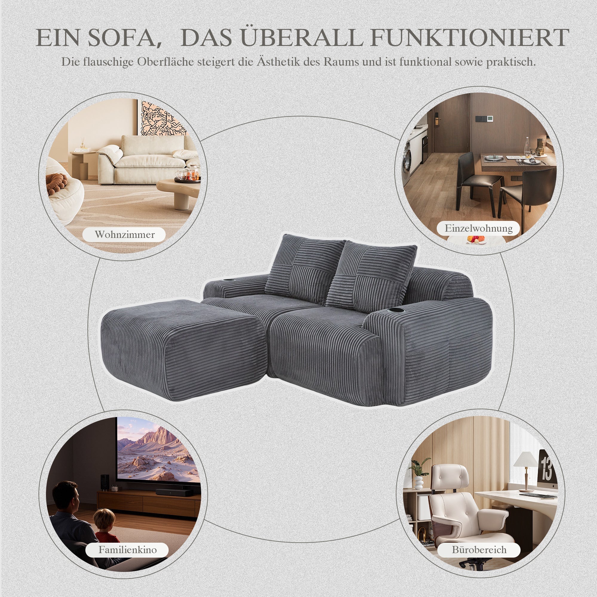 Modular 2-Seater Sofa with Ottomans, Cup Holder and Side Pocket, Dark Grey Corduroy - Image 7
