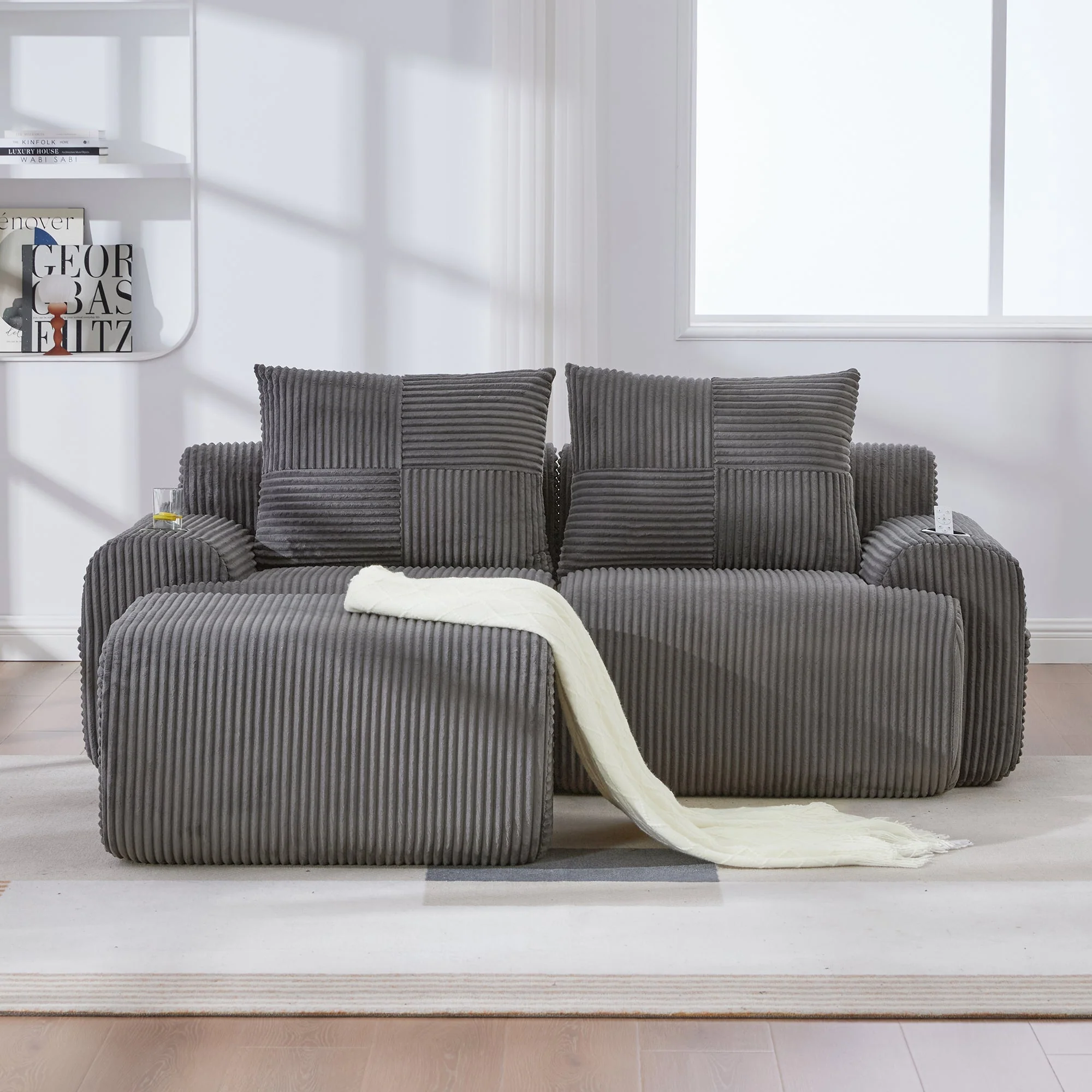 Modular 2-Seater Sofa with Ottomans, Cup Holder and Side Pocket, Dark Grey Corduroy - Image 9