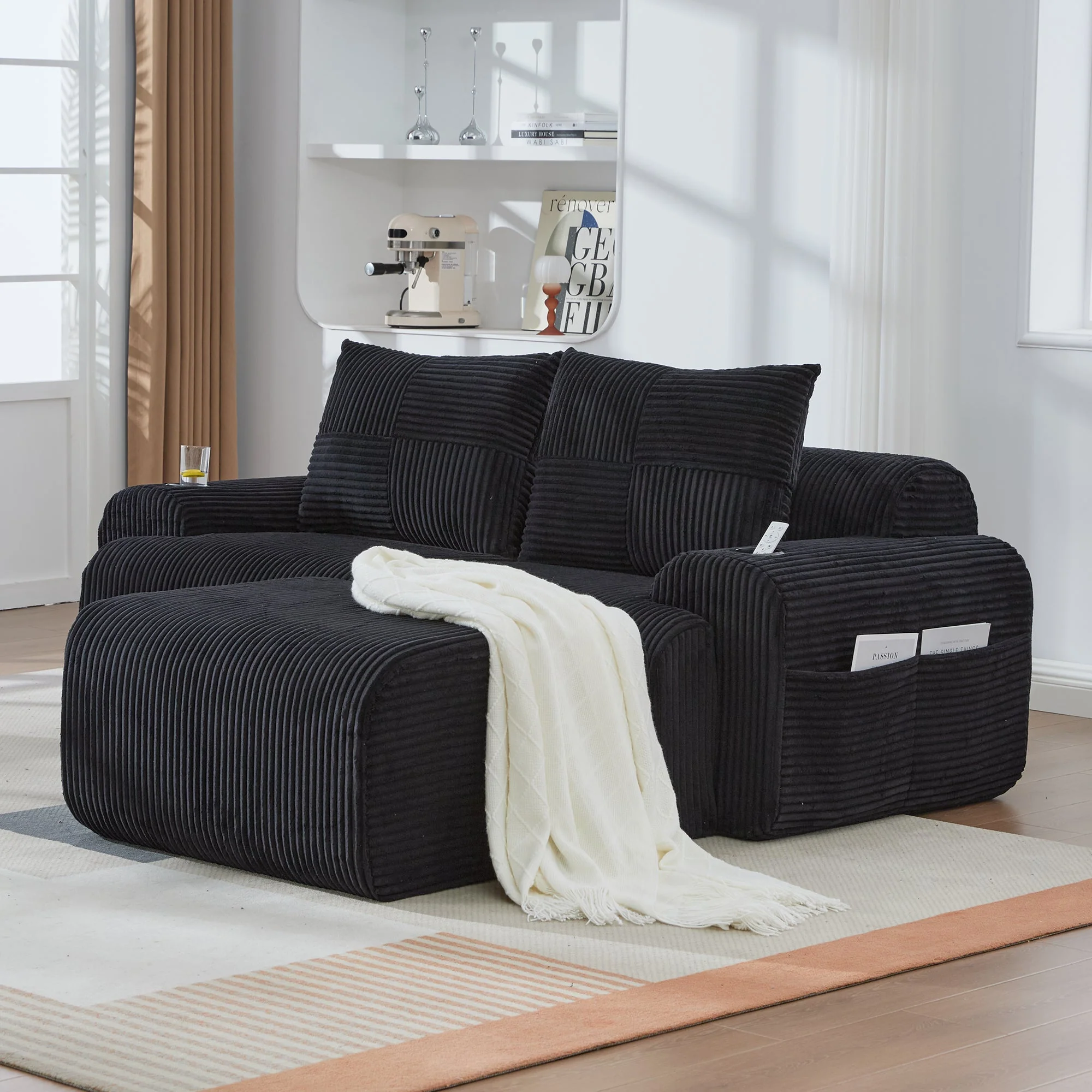 Modular 2-Seater Sofa with Ottomans, Cup Holders and Storage Pockets, Black Corduroy - Image 10