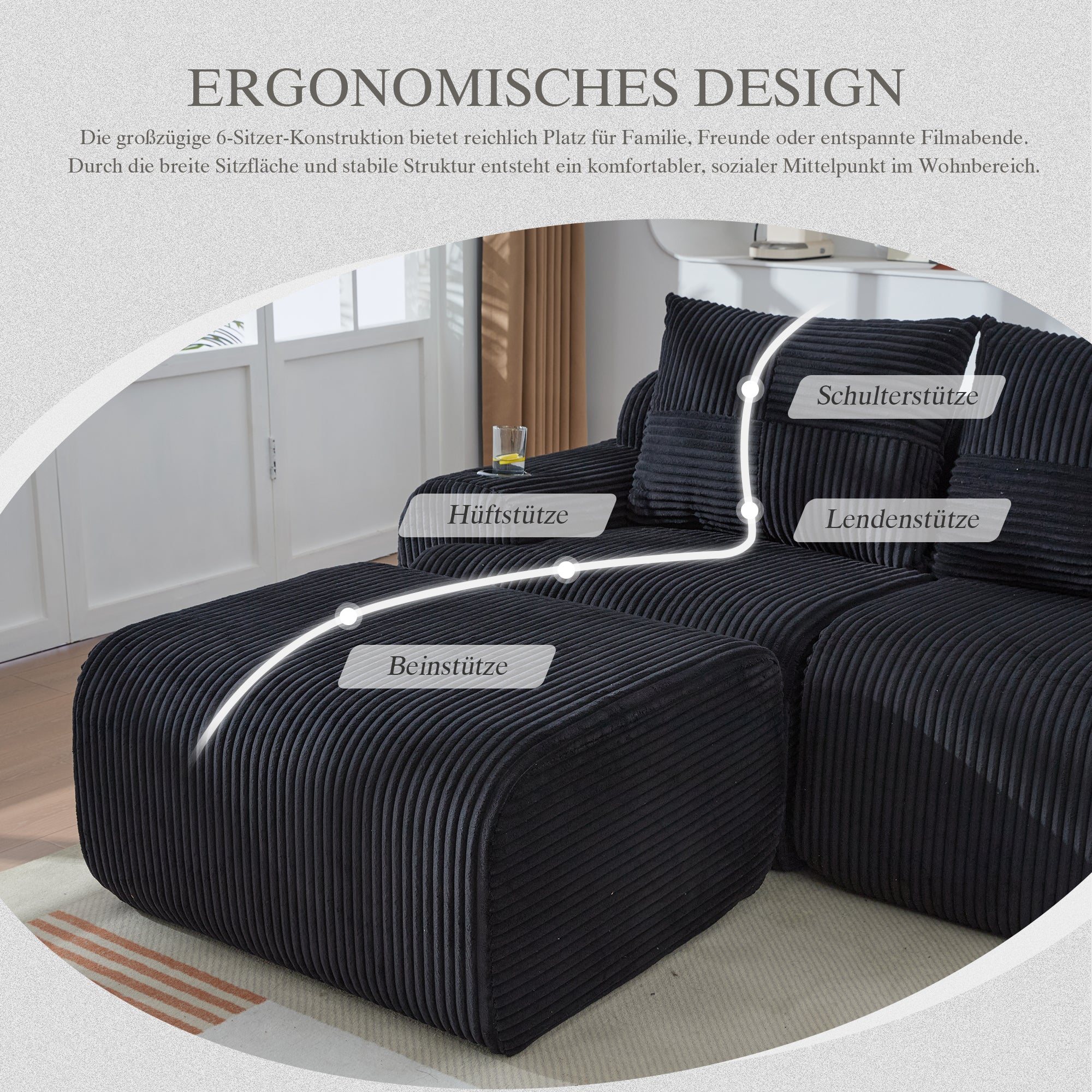Modular 4-Seater Sofa with 2 Ottomans, Cup Holders and Storage, Black Corduroy - Image 3