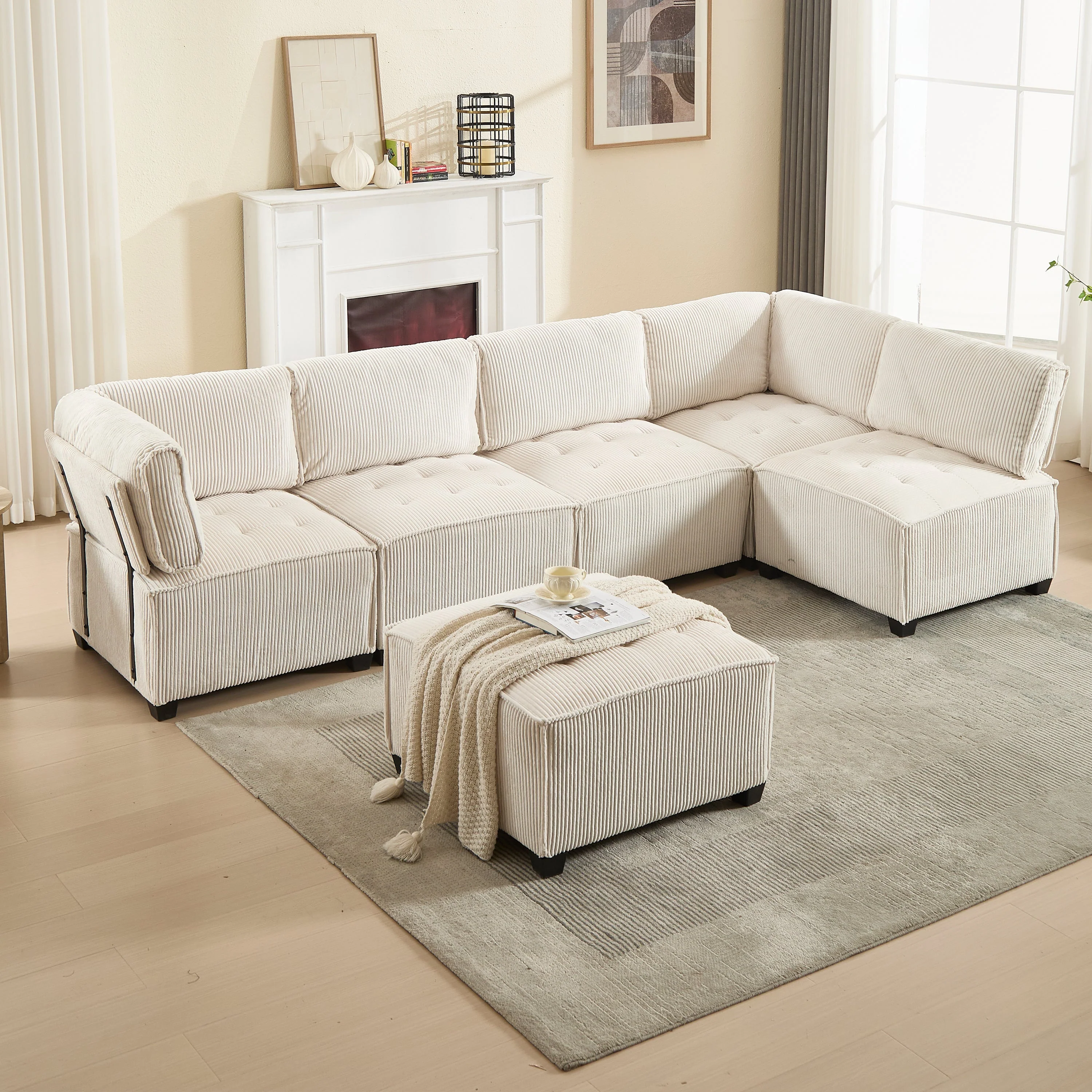 Modular 6-Seater Sofa 308cm Ergonomic Storage Pockets Corduroy, Beige - Image 2
