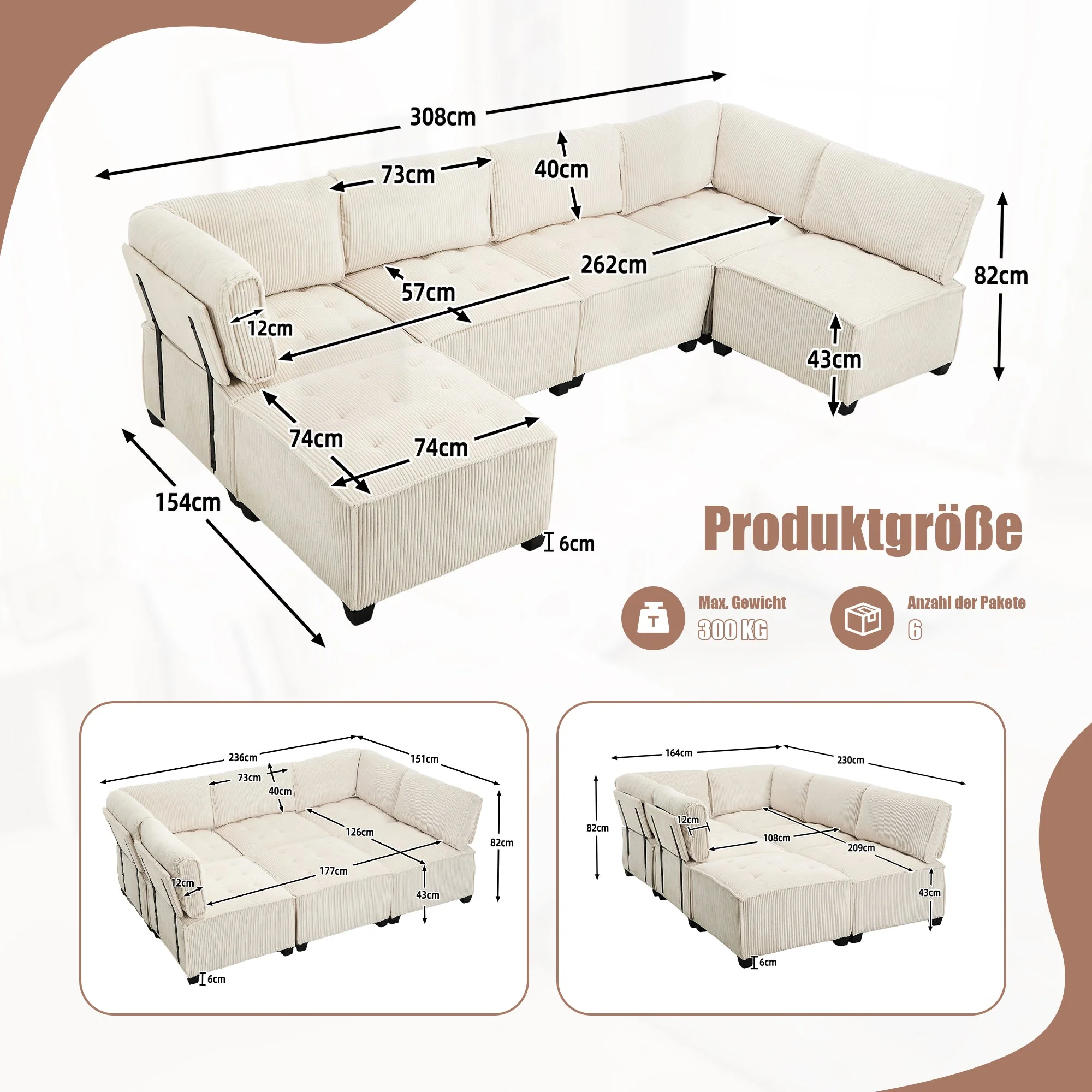 Modular 6-Seater Sofa 308cm Ergonomic Storage Pockets Corduroy, Beige - Image 3